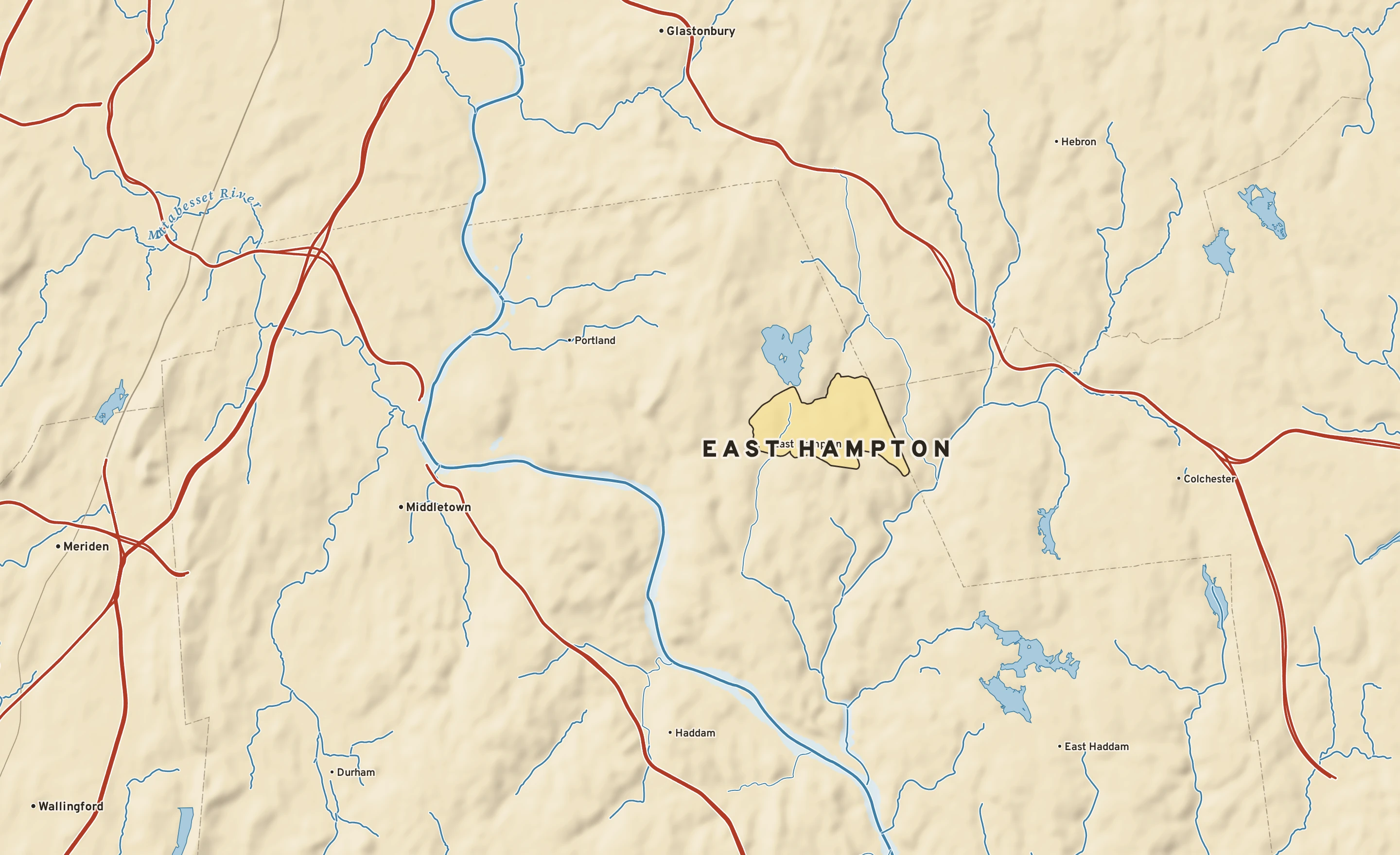 Shaded-relief atlas plate of East Hampton, Connecticut: rivers, roads, the city limits and where the water drains.