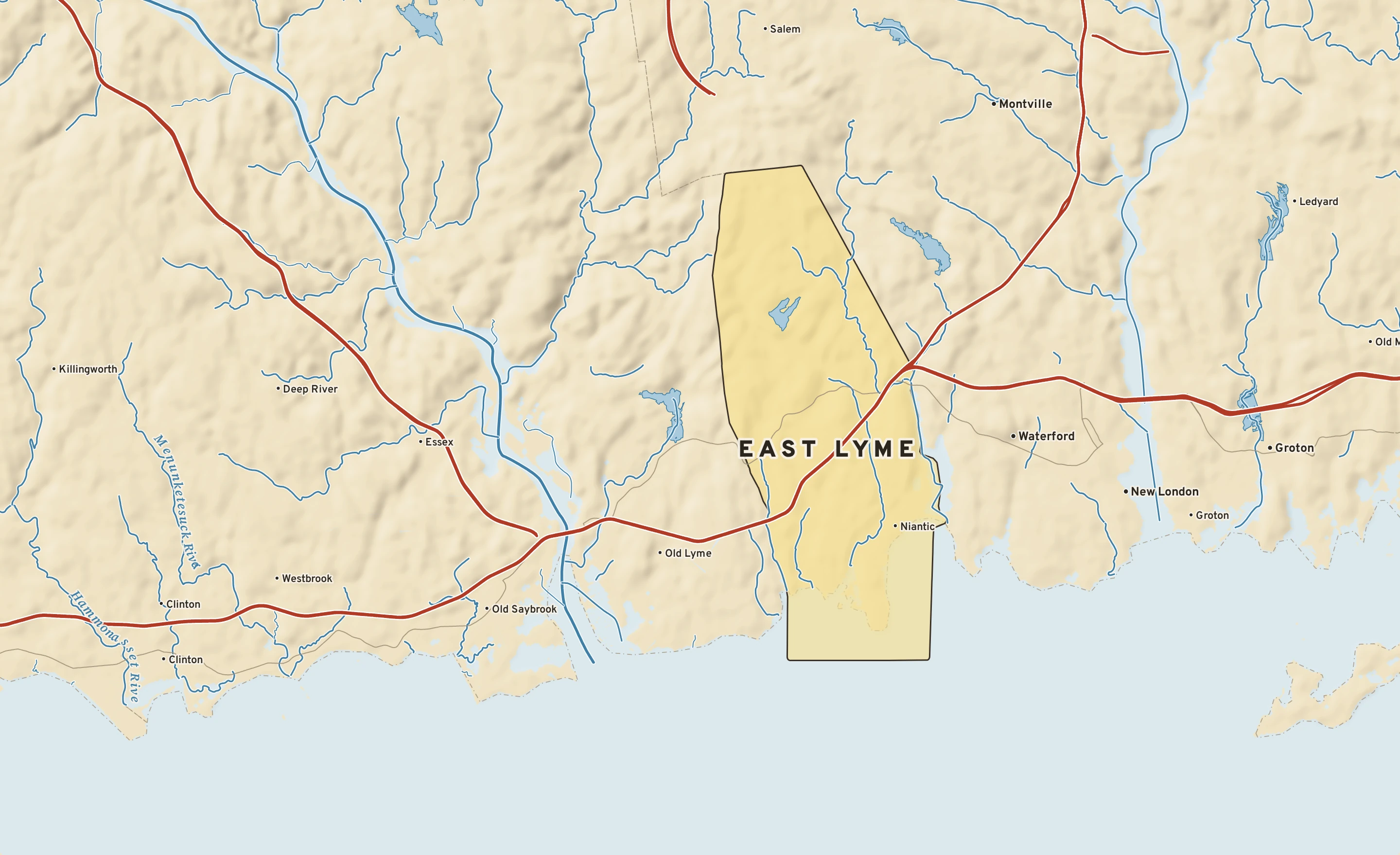 Shaded-relief atlas plate of East Lyme, Connecticut: rivers, roads, the city limits and where the water drains.