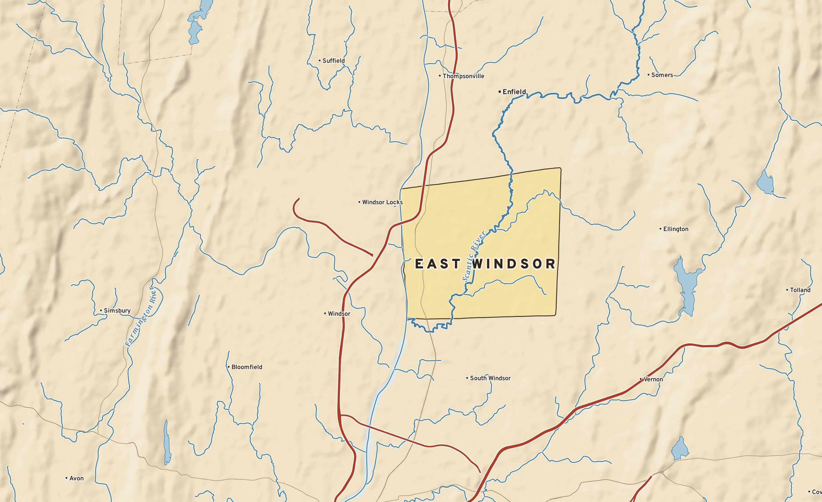 Shaded-relief atlas plate of East Windsor, Connecticut: rivers, roads, the city limits and where the water drains.
