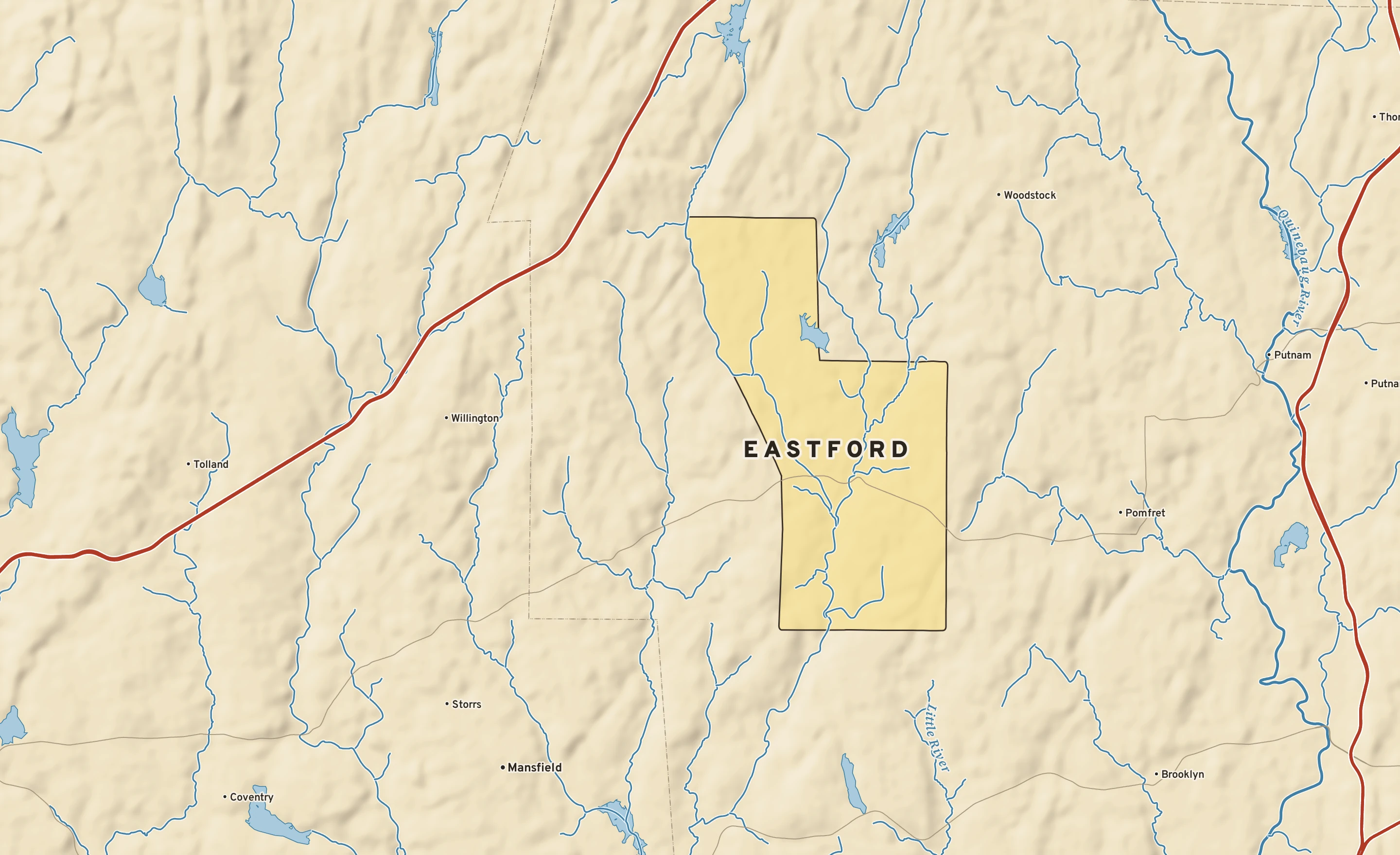 Shaded-relief atlas plate of Eastford, Connecticut: rivers, roads, the city limits and where the water drains.