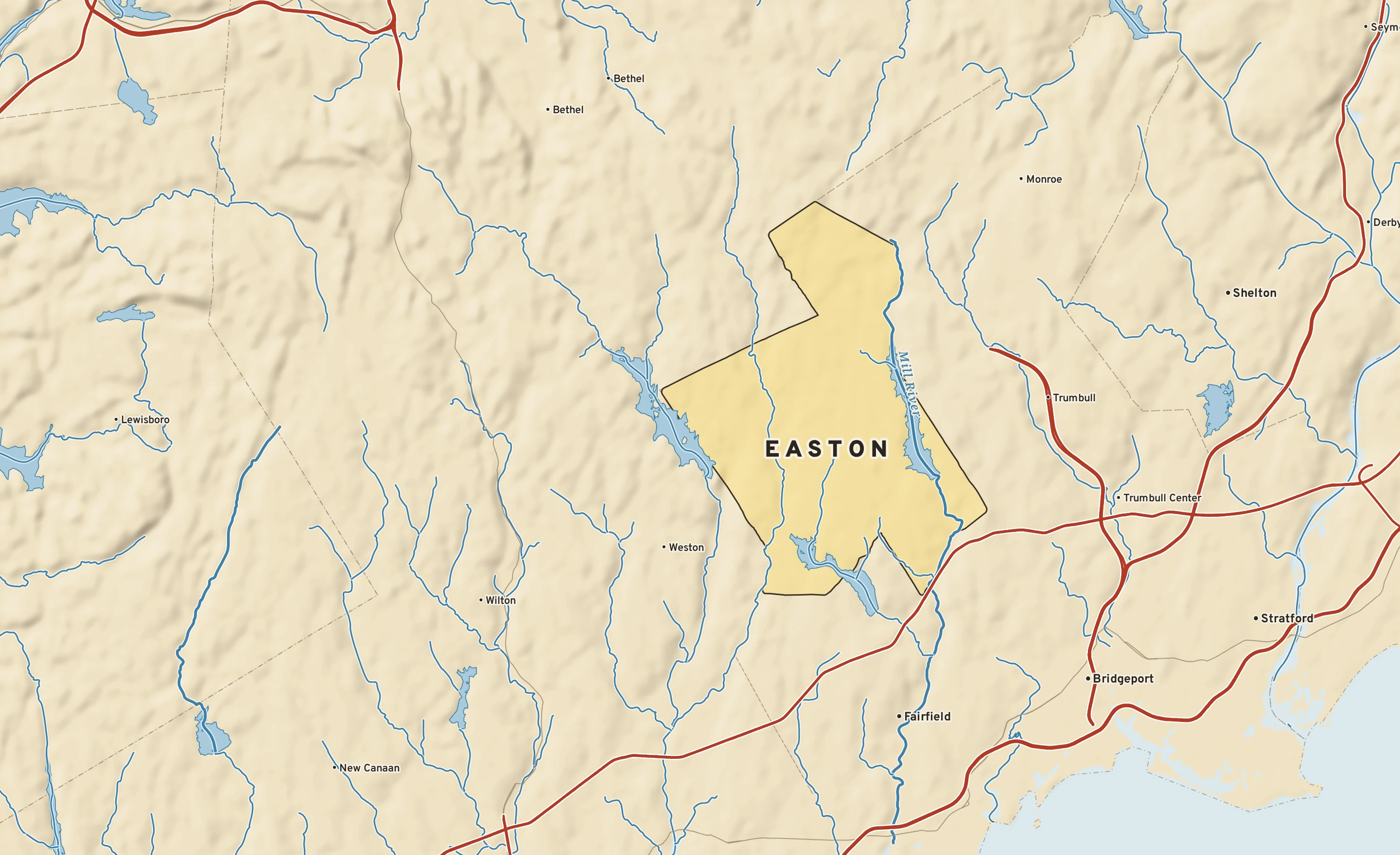 Shaded-relief atlas plate of Easton, Connecticut: rivers, roads, the city limits and where the water drains.