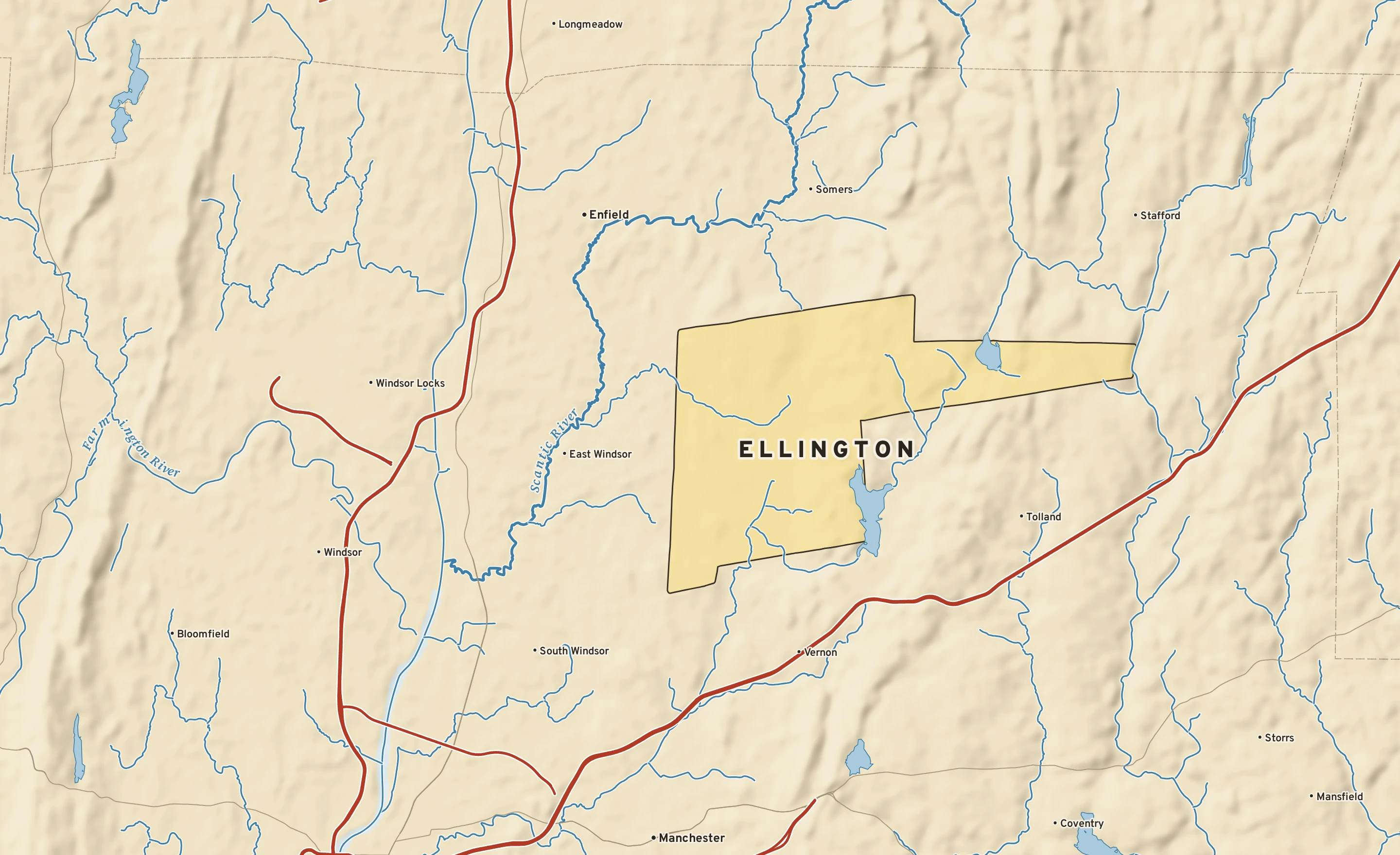 Shaded-relief atlas plate of Ellington, Connecticut: rivers, roads, the city limits and where the water drains.