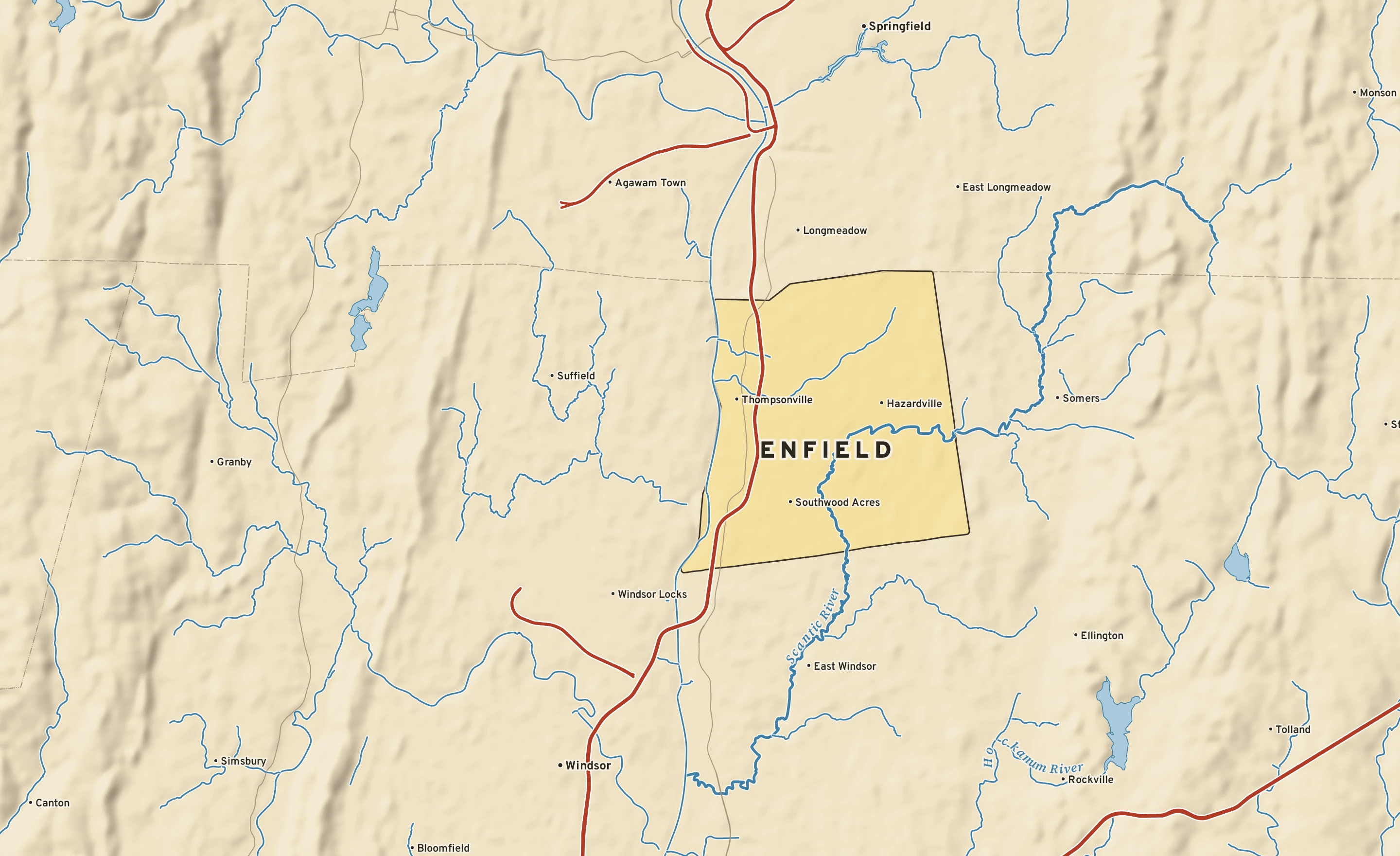 Shaded-relief atlas plate of Enfield, Connecticut: rivers, roads, the city limits and where the water drains.