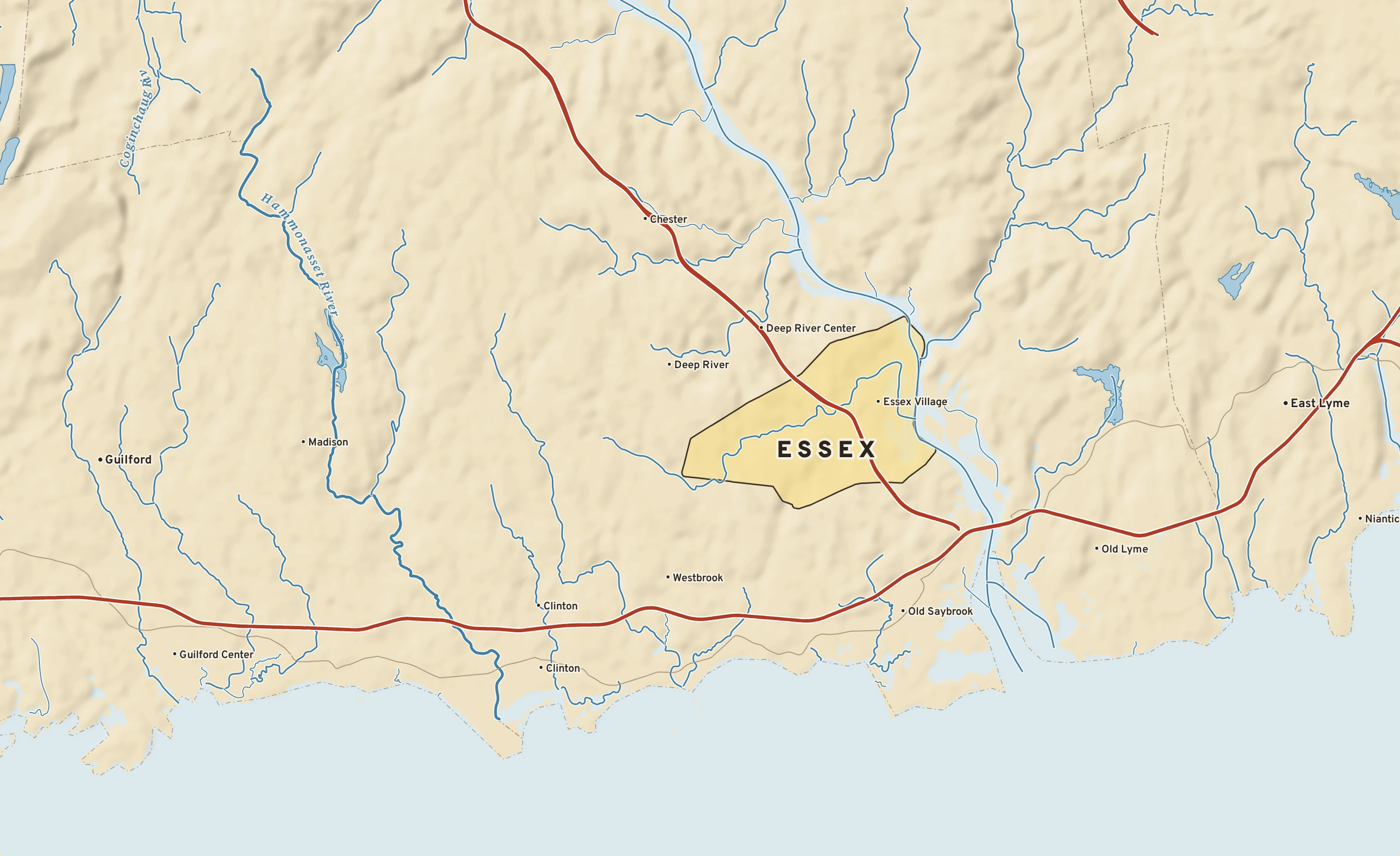 Shaded-relief atlas plate of Essex, Connecticut: rivers, roads, the city limits and where the water drains.