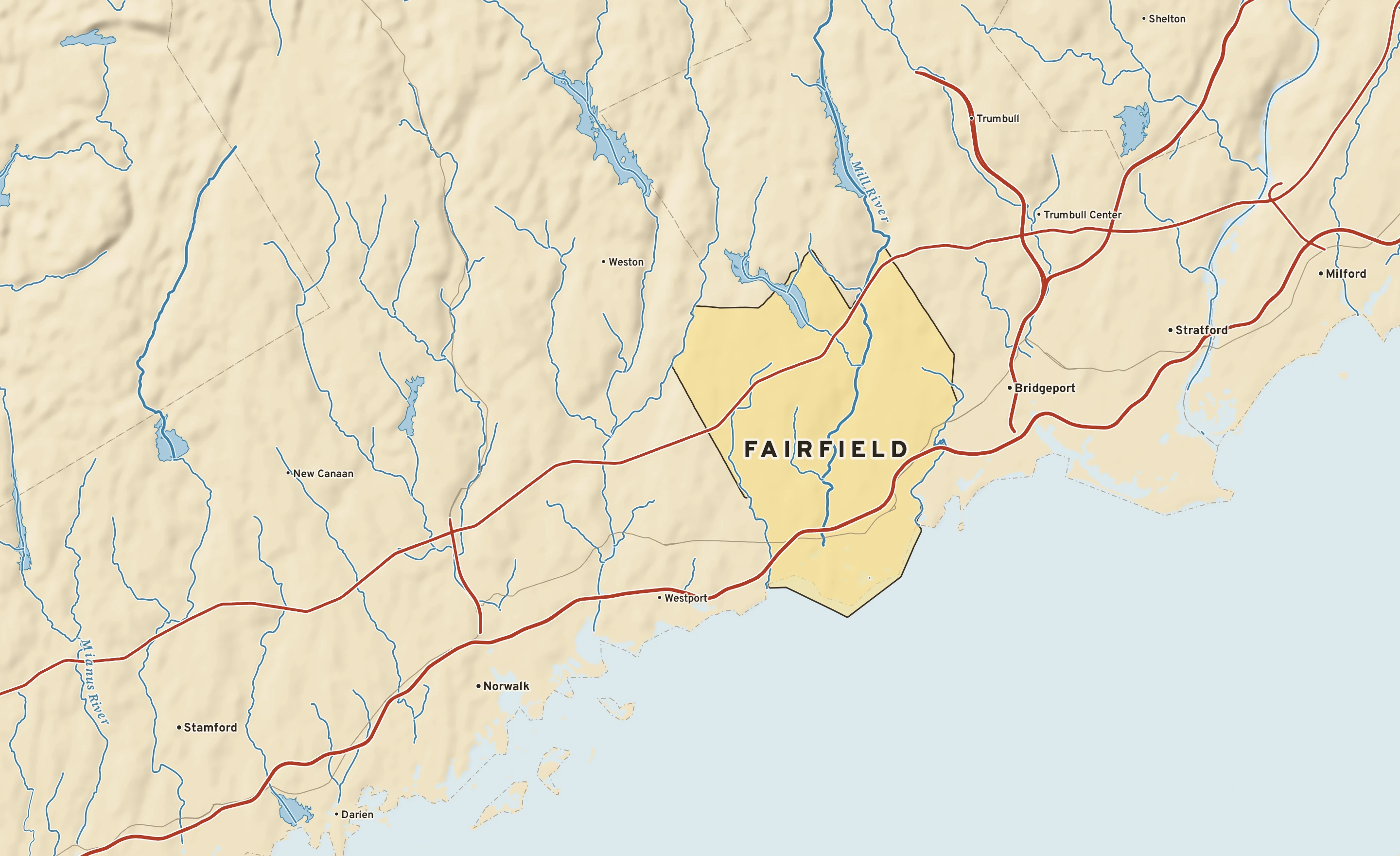 Shaded-relief atlas plate of Fairfield, Connecticut: rivers, roads, the city limits and where the water drains.