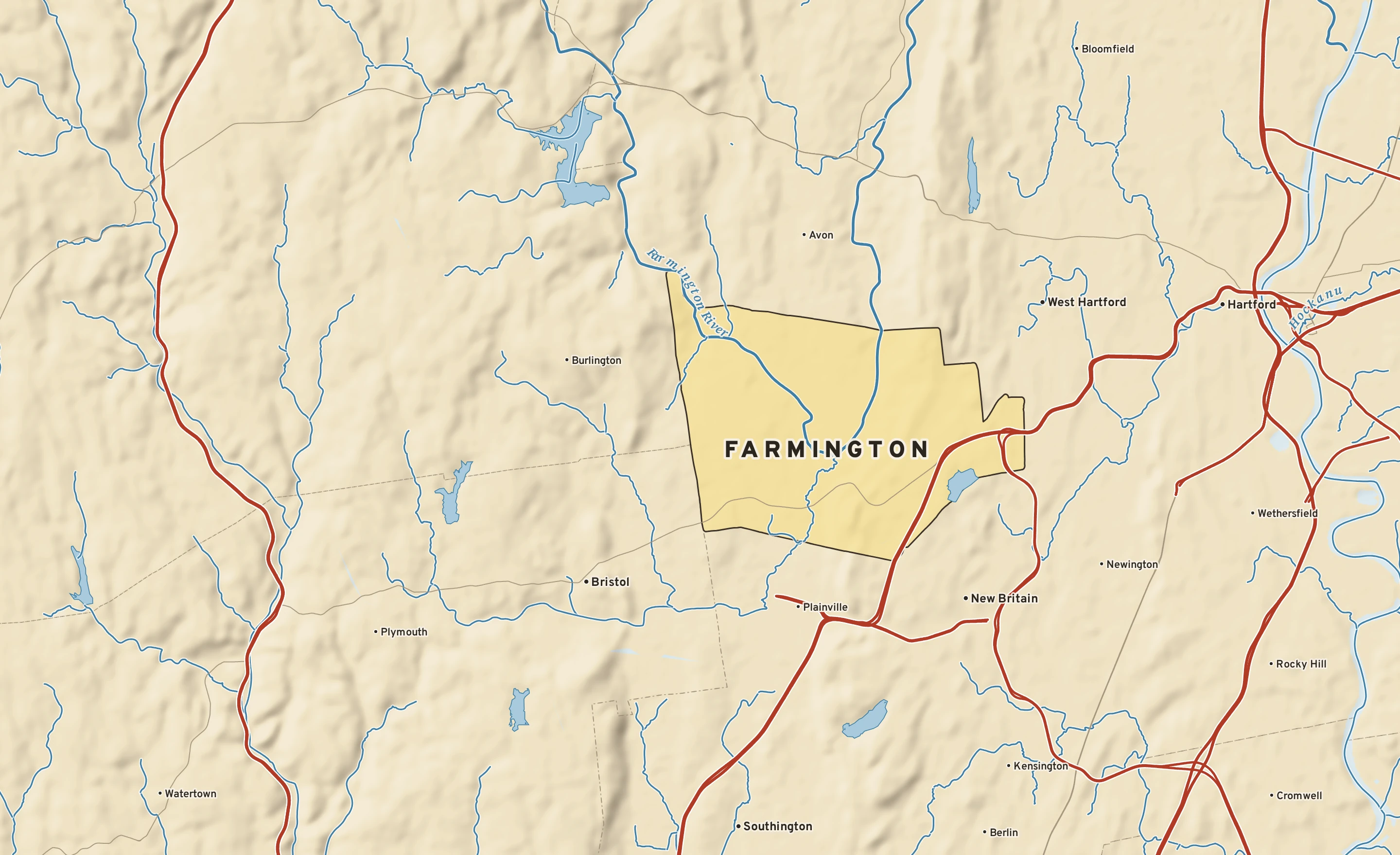 Shaded-relief atlas plate of Farmington, Connecticut: rivers, roads, the city limits and where the water drains.