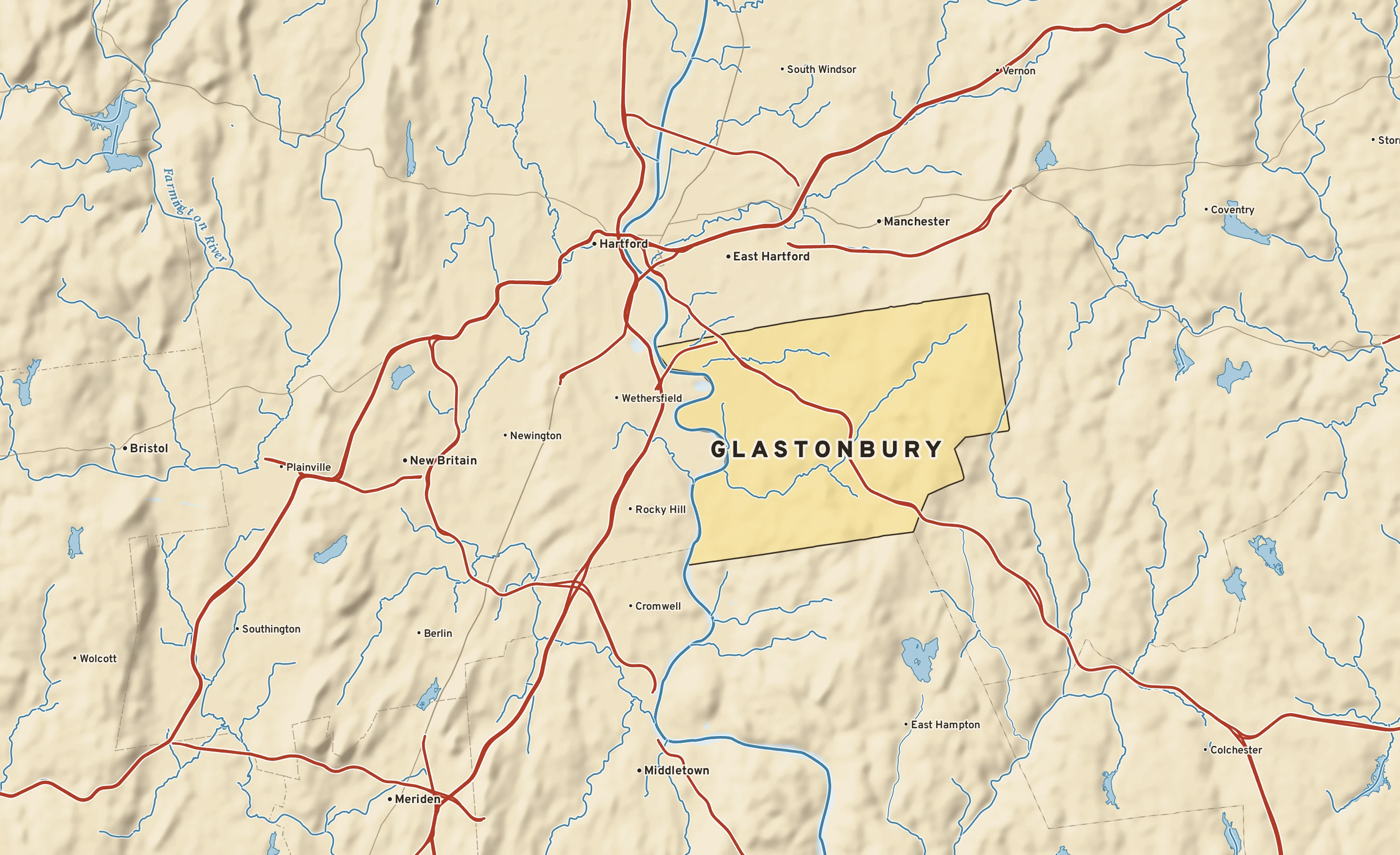 Shaded-relief atlas plate of Glastonbury, Connecticut: rivers, roads, the city limits and where the water drains.