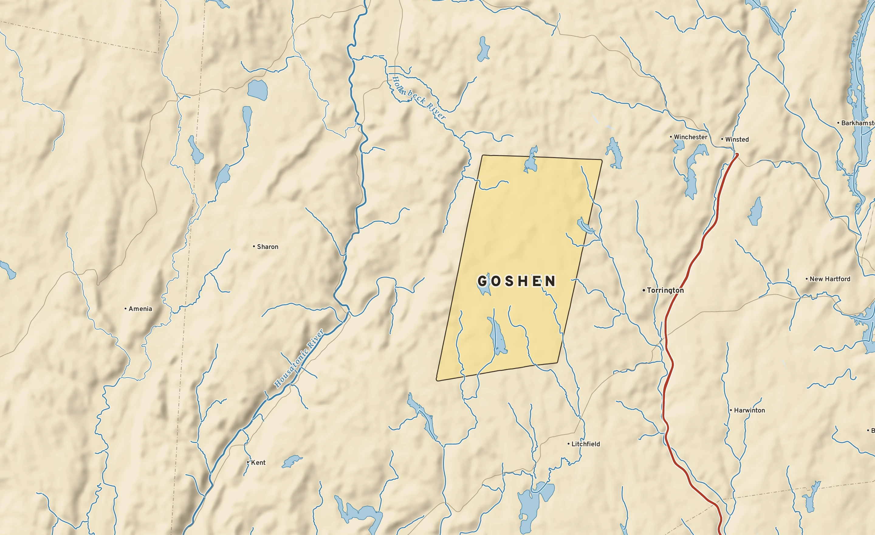 Shaded-relief atlas plate of Goshen, Connecticut: rivers, roads, the city limits and where the water drains.