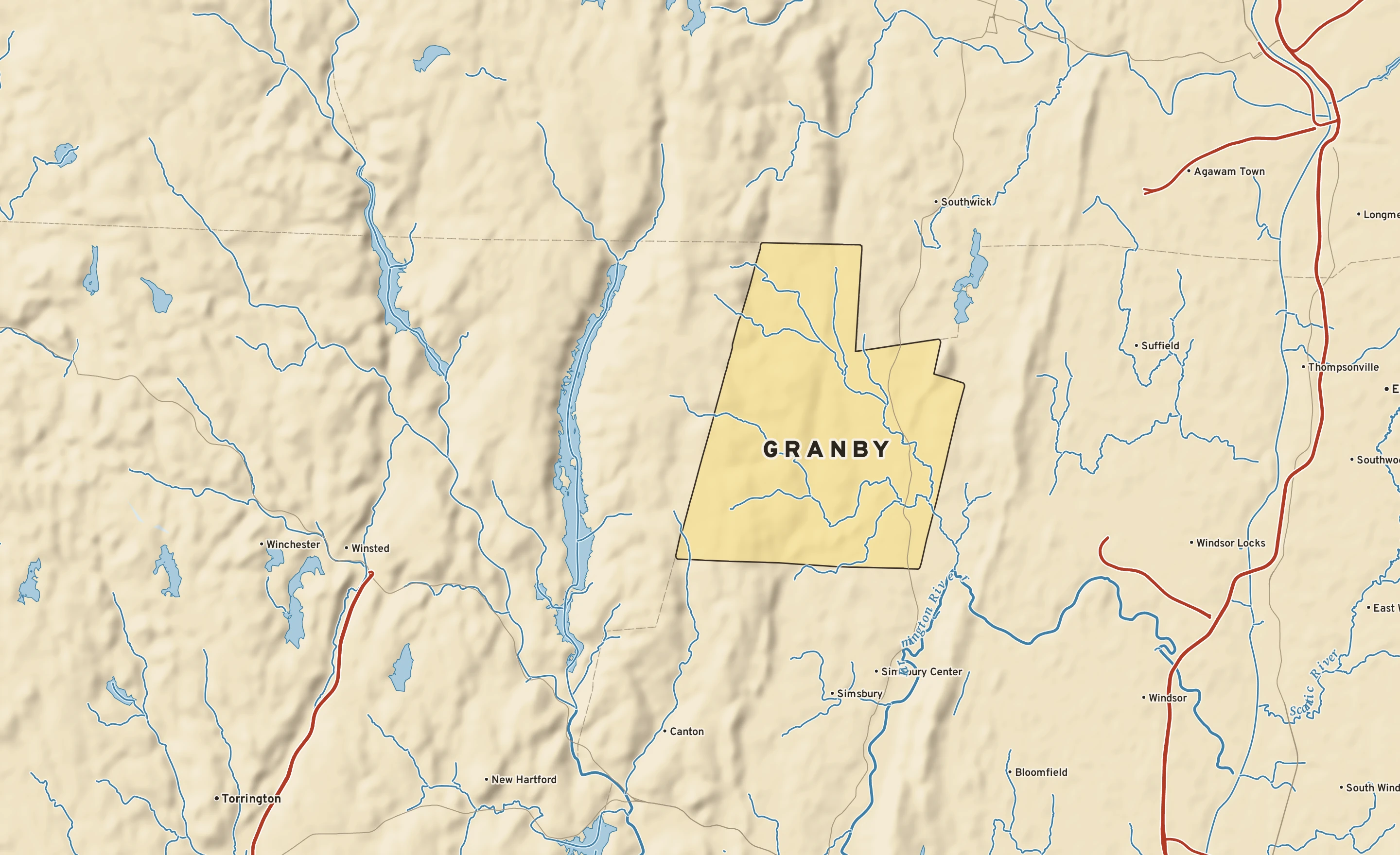 Shaded-relief atlas plate of Granby, Connecticut: rivers, roads, the city limits and where the water drains.