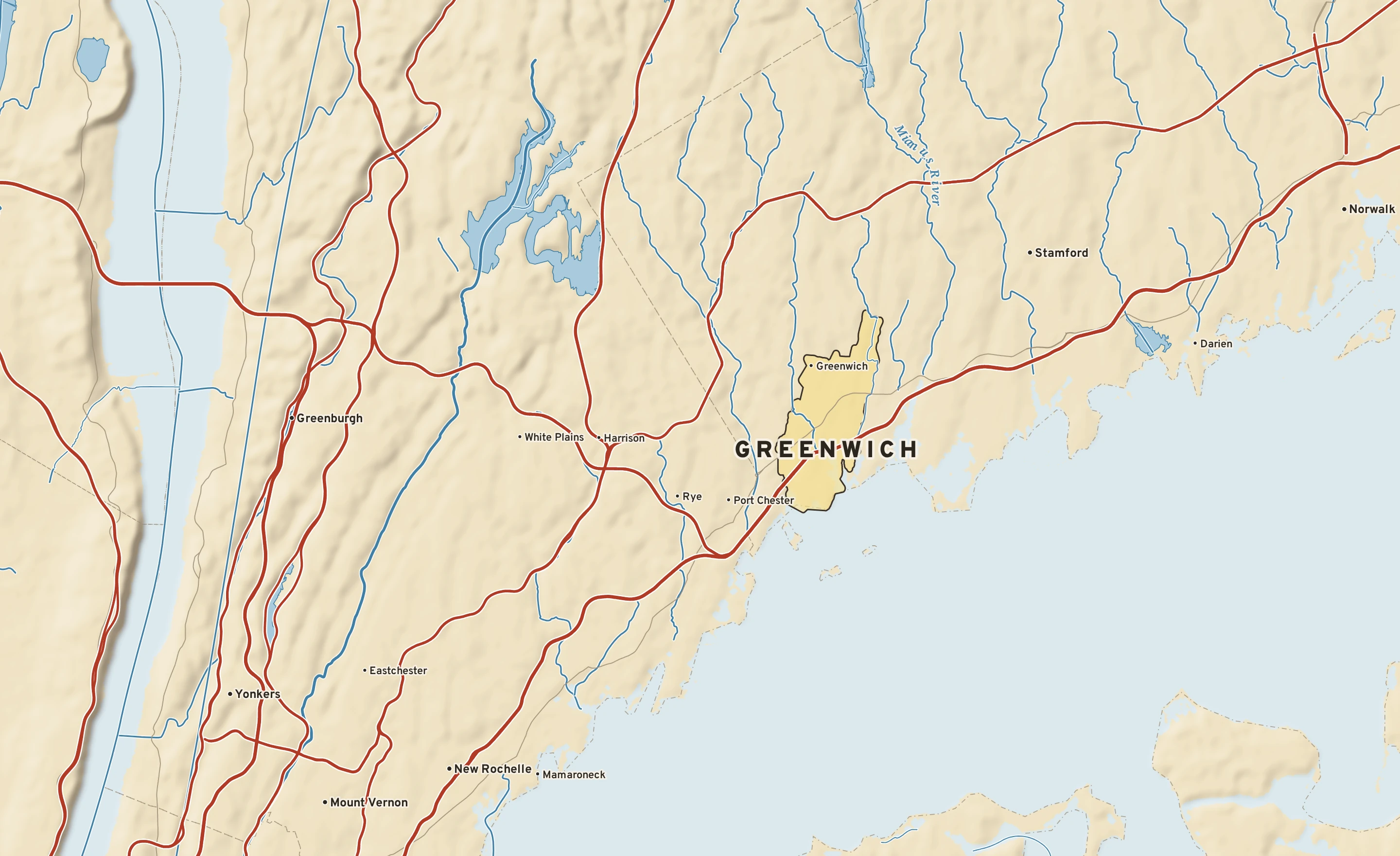 Shaded-relief atlas plate of Greenwich, Connecticut: rivers, roads, the city limits and where the water drains.