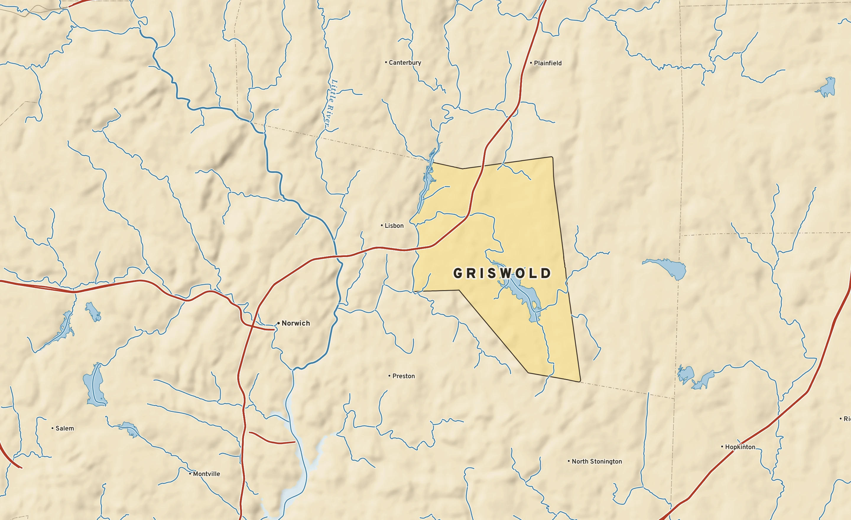 Shaded-relief atlas plate of Griswold, Connecticut: rivers, roads, the city limits and where the water drains.
