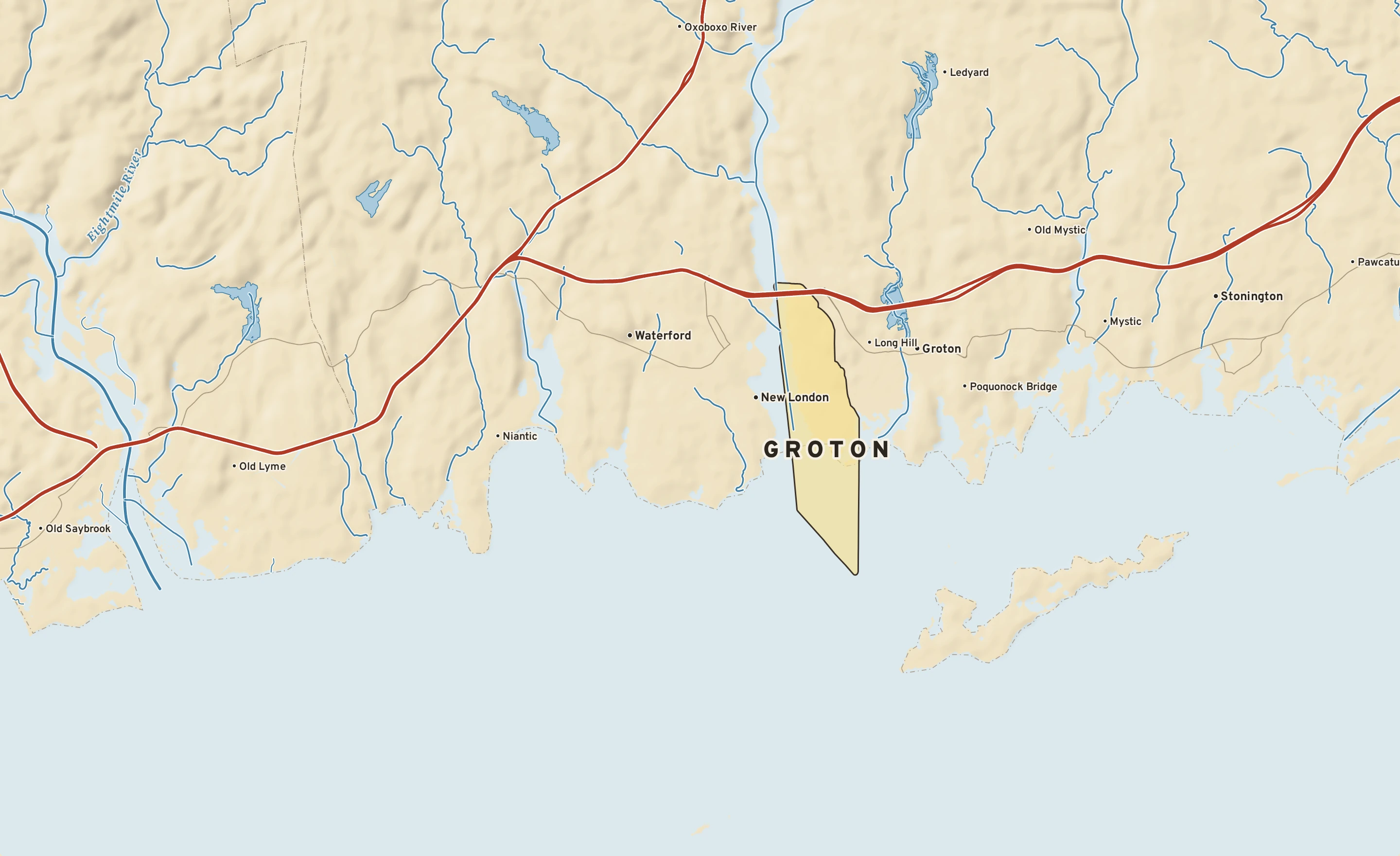 Shaded-relief atlas plate of Groton, Connecticut: rivers, roads, the city limits and where the water drains.