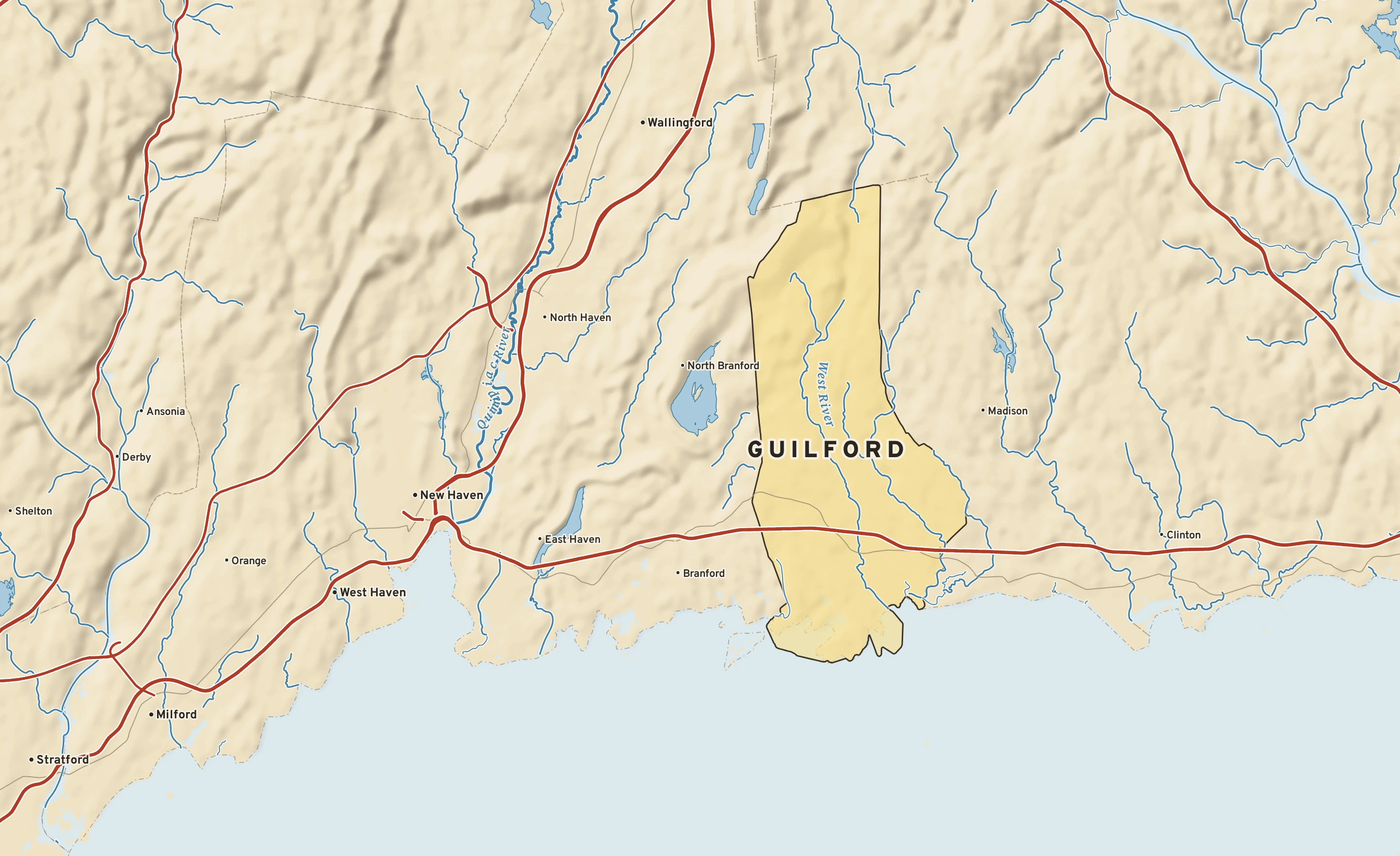 Shaded-relief atlas plate of Guilford, Connecticut: rivers, roads, the city limits and where the water drains.