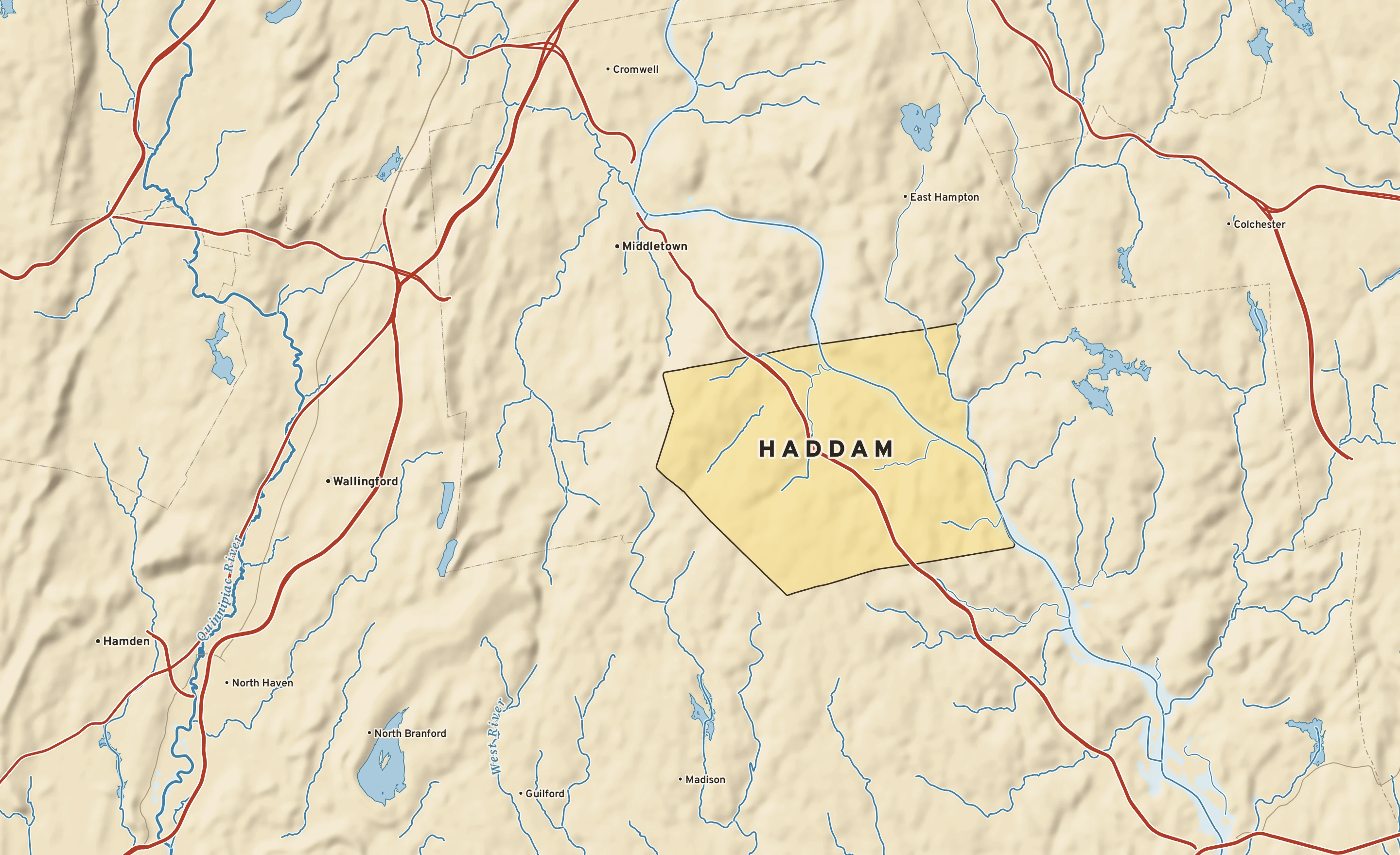 Shaded-relief atlas plate of Haddam, Connecticut: rivers, roads, the city limits and where the water drains.