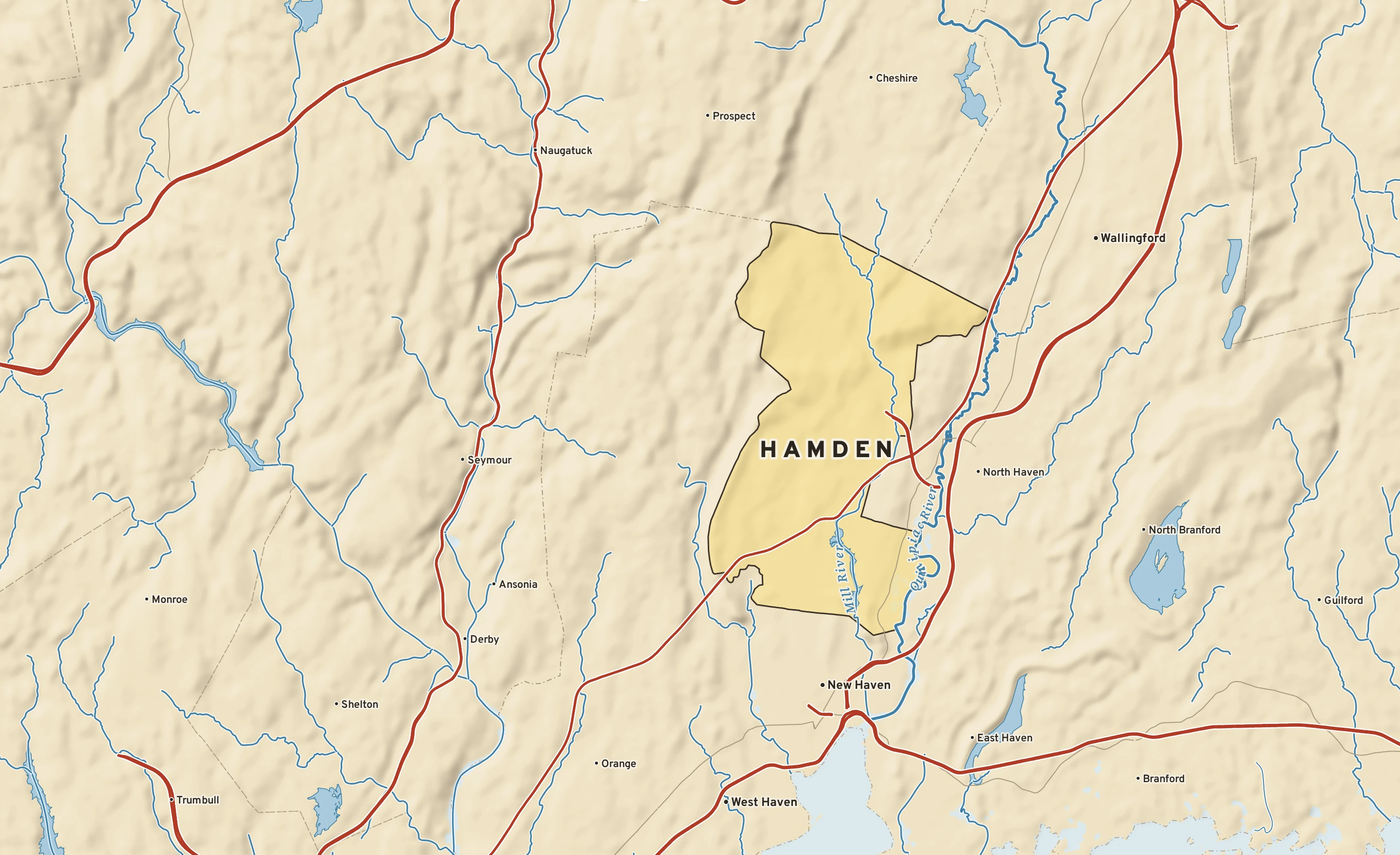 Shaded-relief atlas plate of Hamden, Connecticut: rivers, roads, the city limits and where the water drains.
