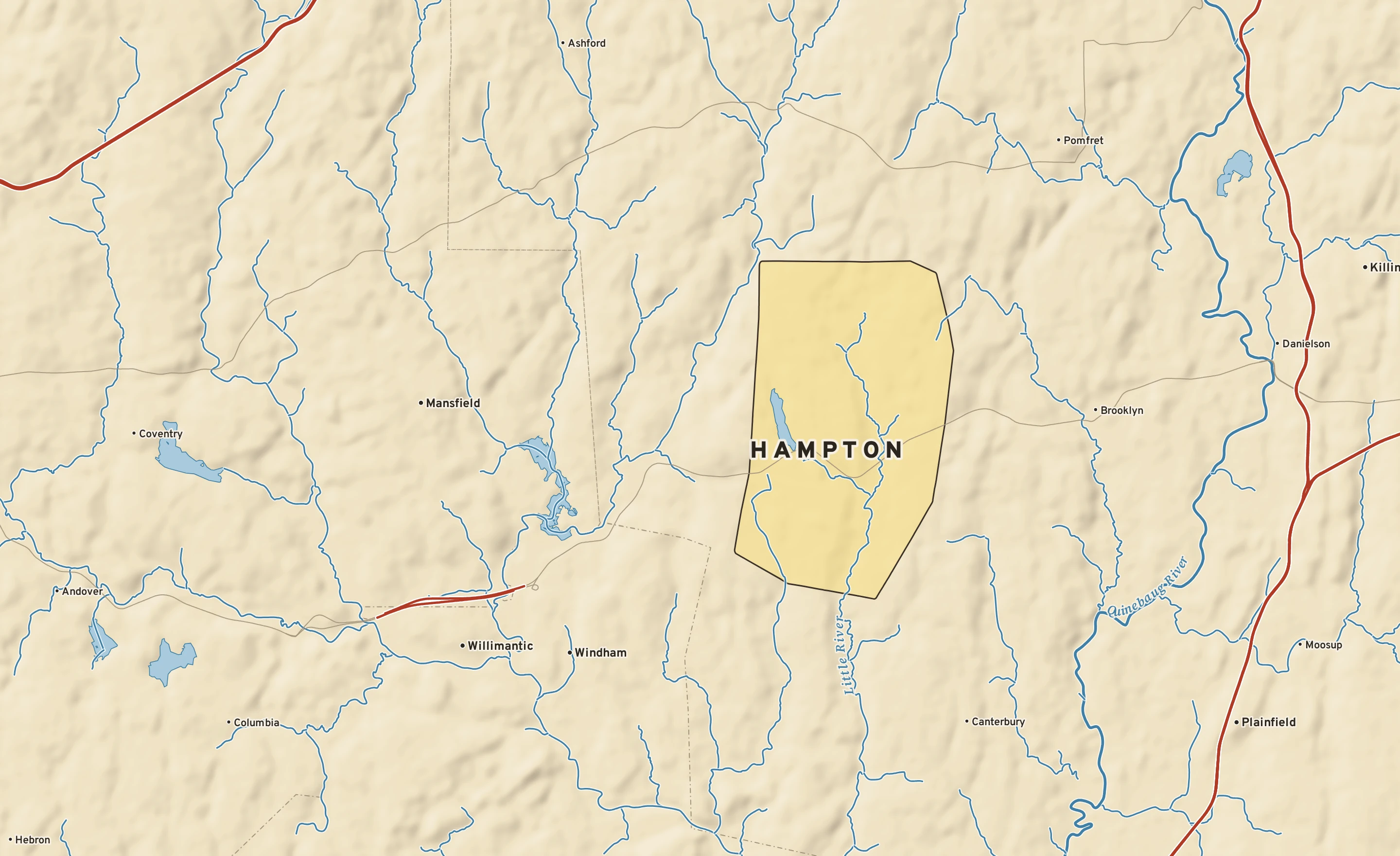 Shaded-relief atlas plate of Hampton, Connecticut: rivers, roads, the city limits and where the water drains.