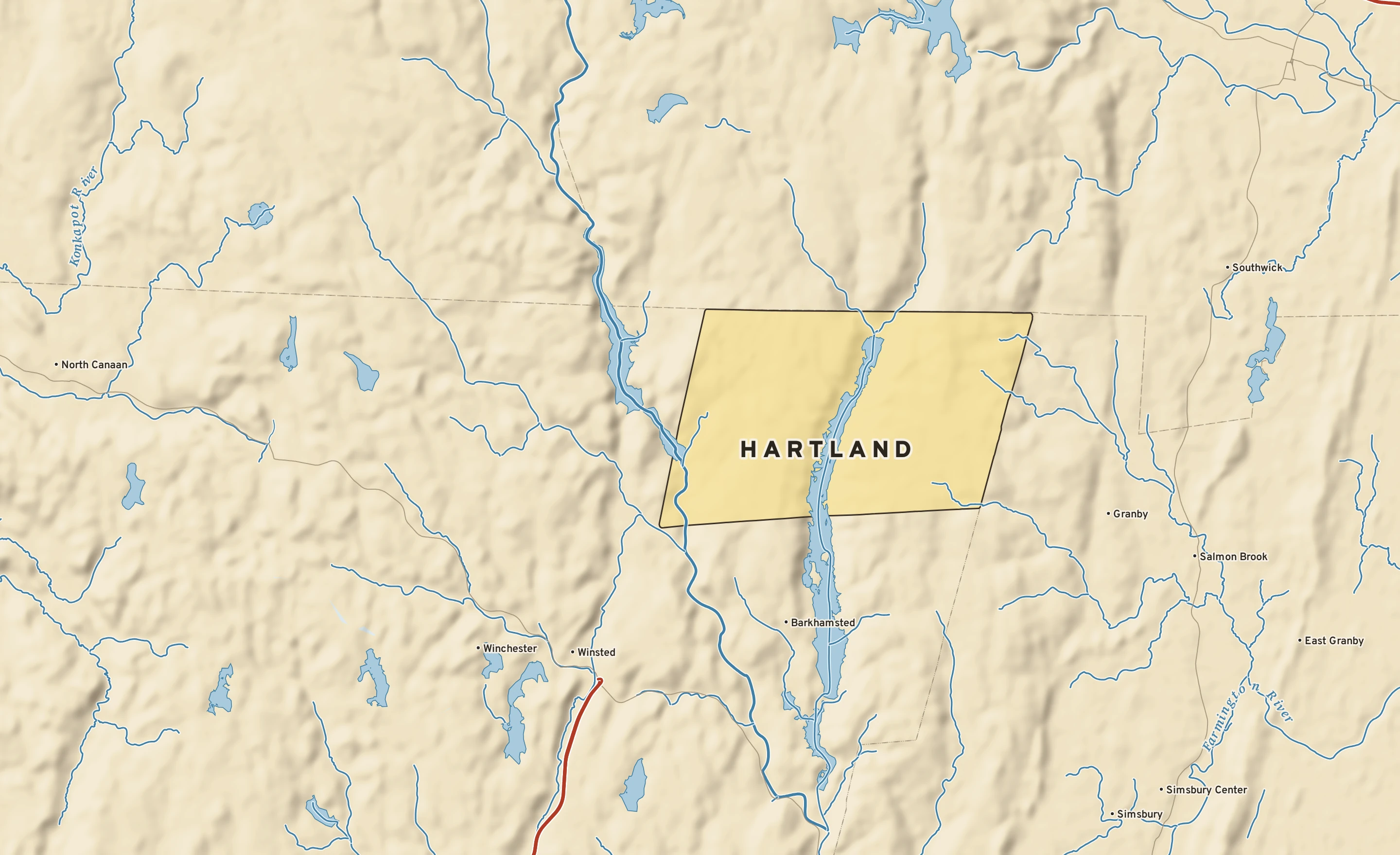Shaded-relief atlas plate of Hartland, Connecticut: rivers, roads, the city limits and where the water drains.