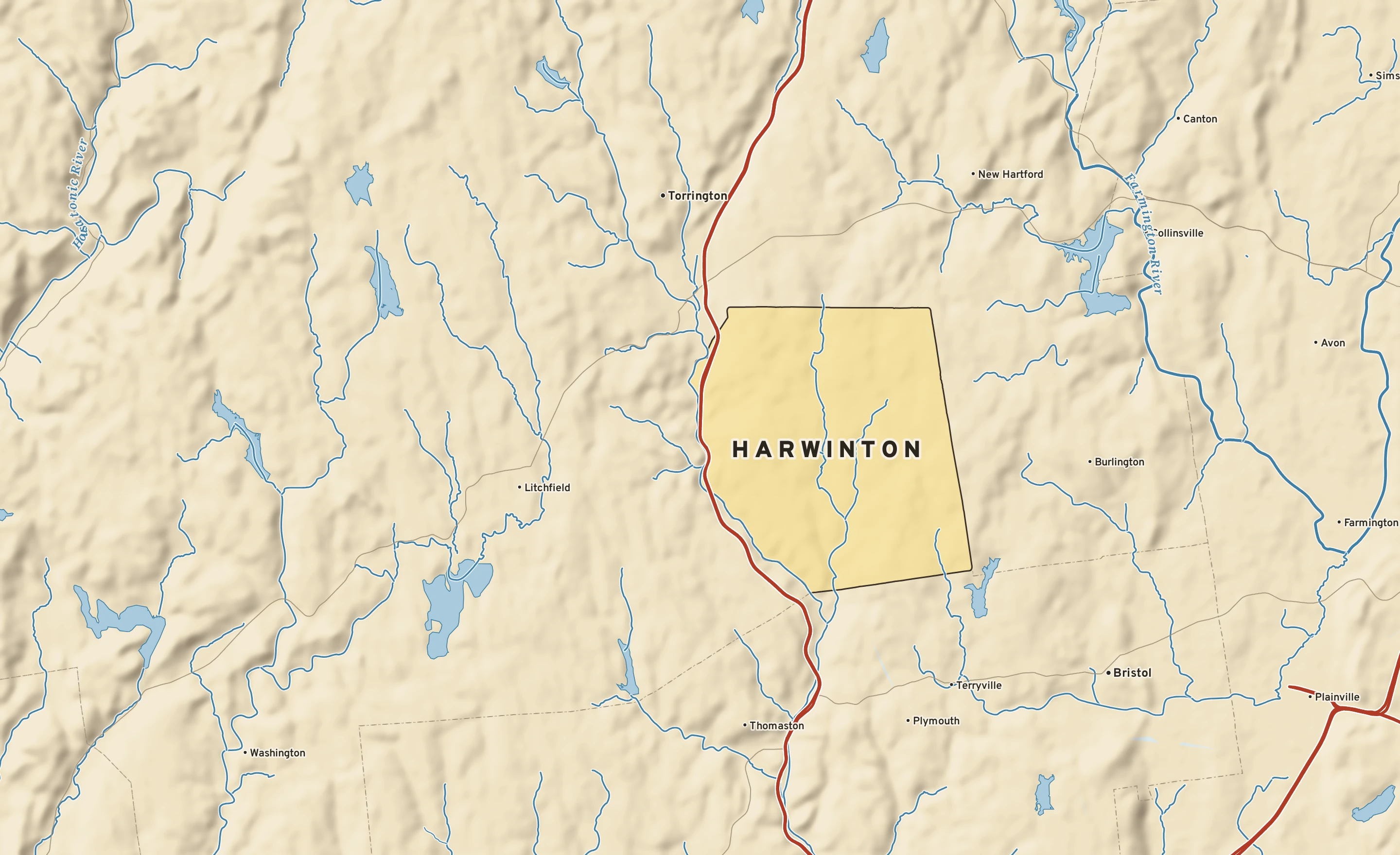 Shaded-relief atlas plate of Harwinton, Connecticut: rivers, roads, the city limits and where the water drains.