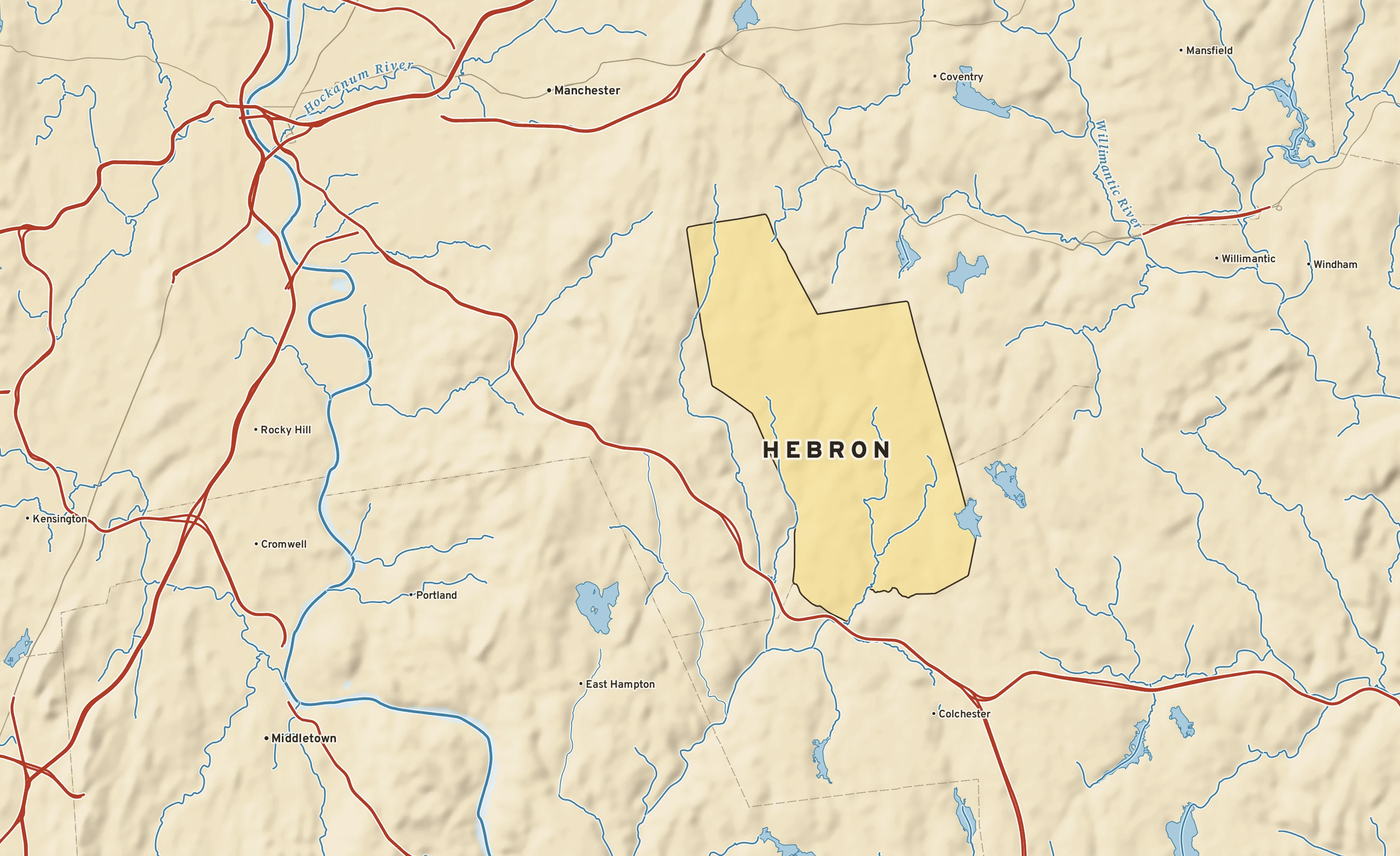 Shaded-relief atlas plate of Hebron, Connecticut: rivers, roads, the city limits and where the water drains.