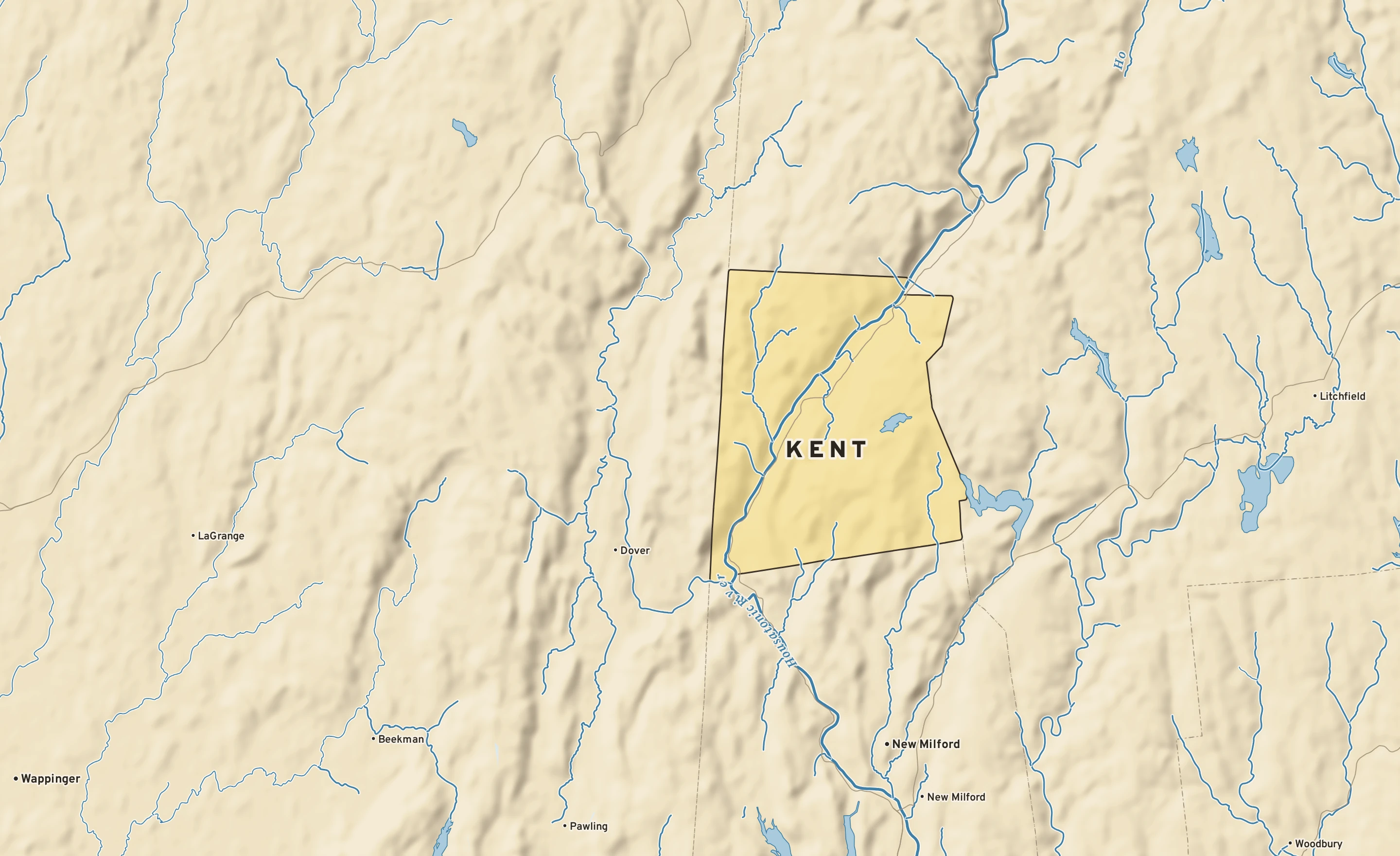 Shaded-relief atlas plate of Kent, Connecticut: rivers, roads, the city limits and where the water drains.