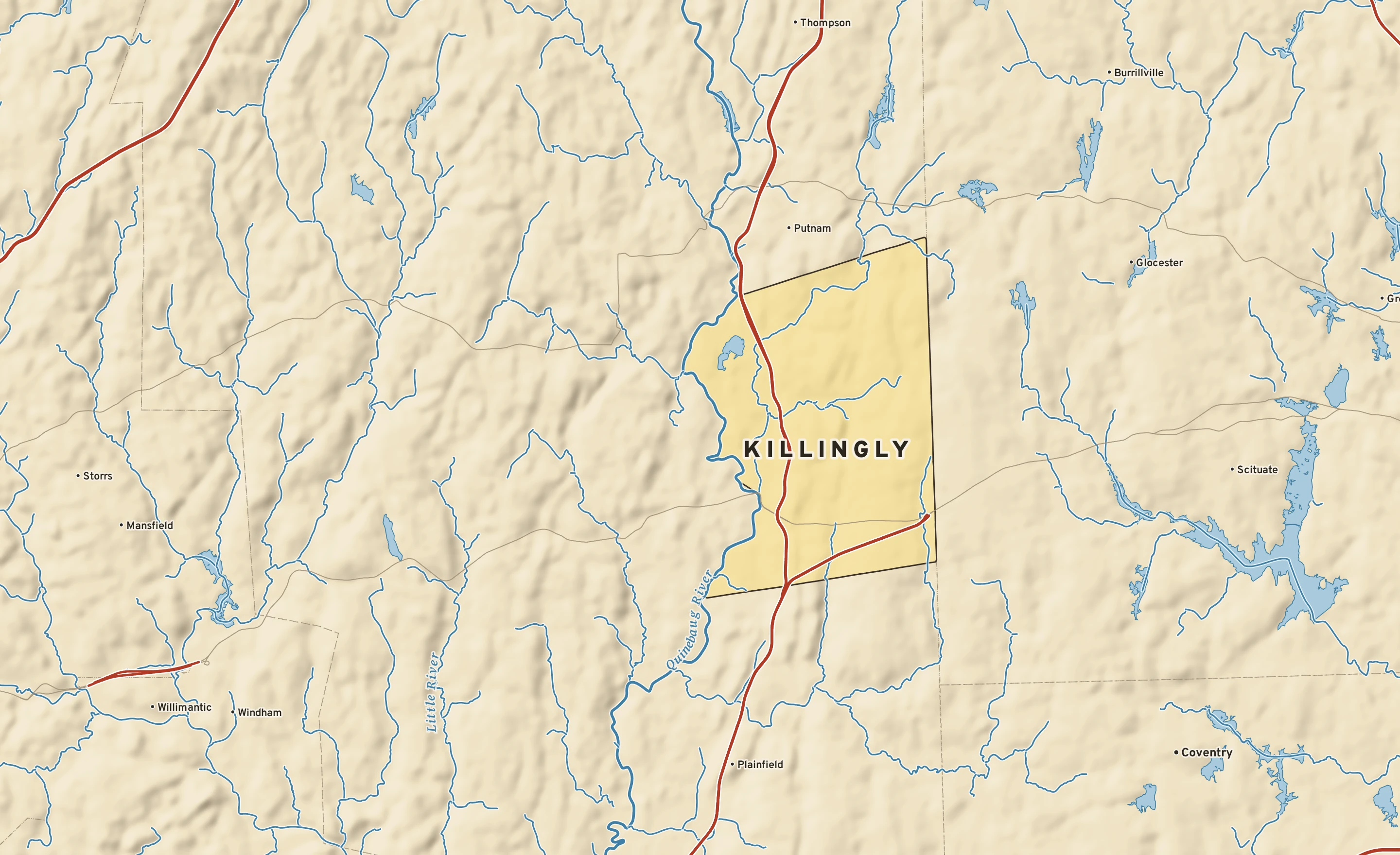Shaded-relief atlas plate of Killingly, Connecticut: rivers, roads, the city limits and where the water drains.
