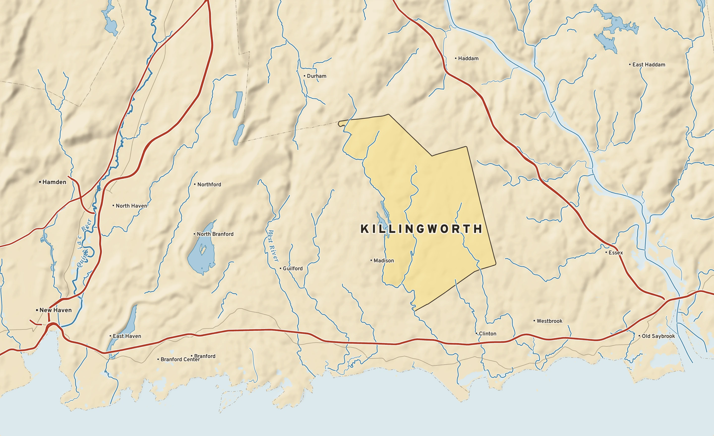 Shaded-relief atlas plate of Killingworth, Connecticut: rivers, roads, the city limits and where the water drains.
