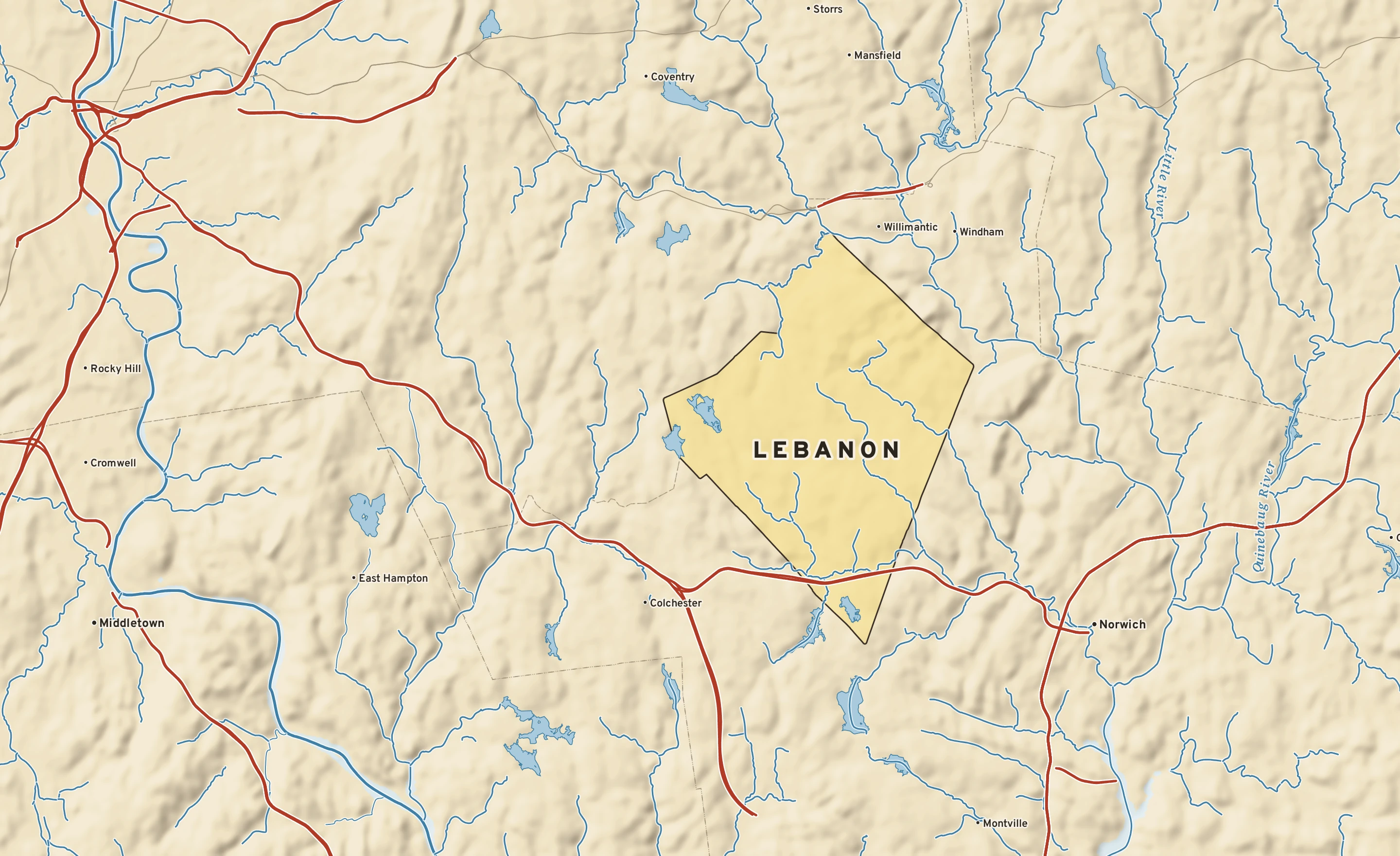 Shaded-relief atlas plate of Lebanon, Connecticut: rivers, roads, the city limits and where the water drains.