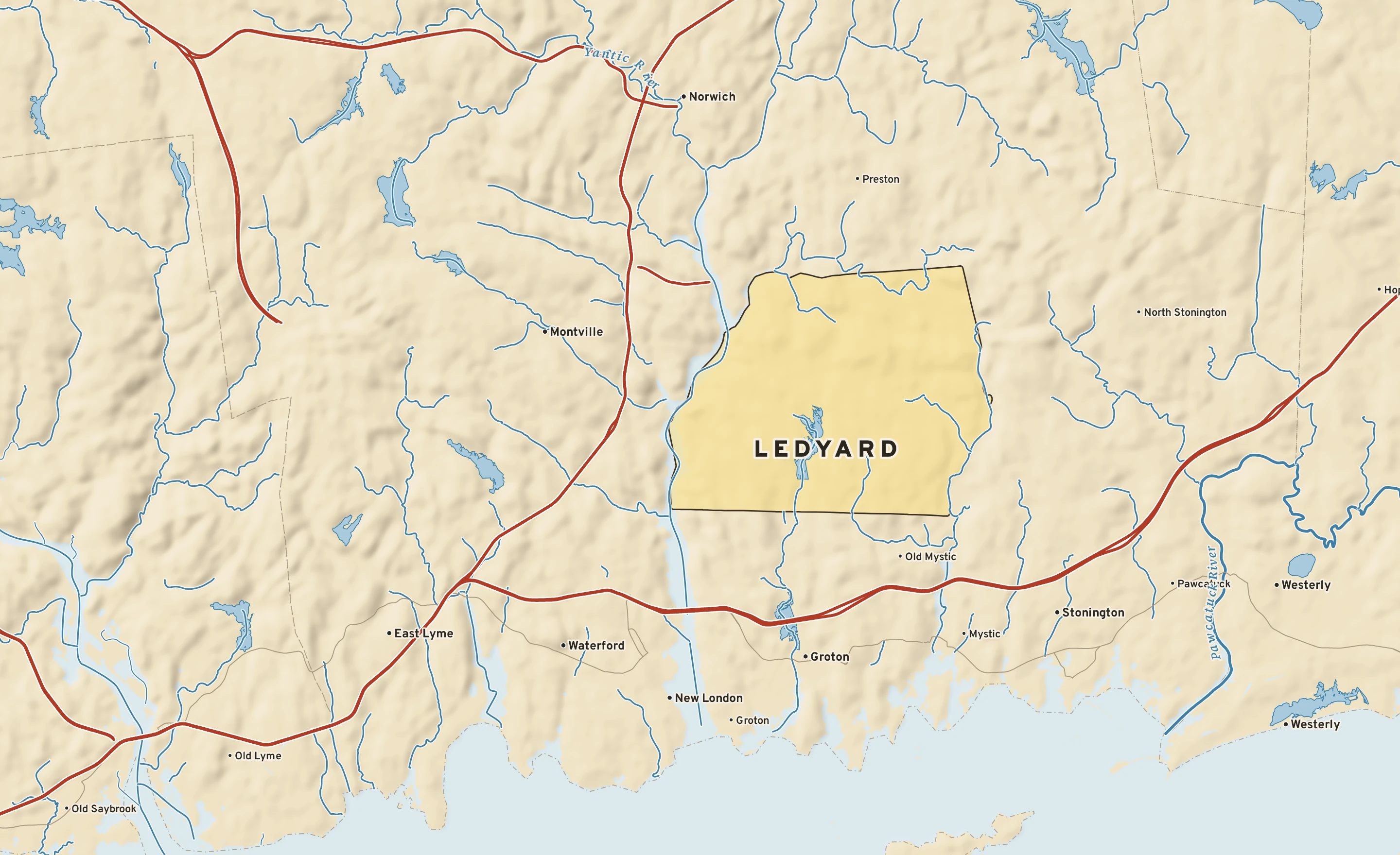 Shaded-relief atlas plate of Ledyard, Connecticut: rivers, roads, the city limits and where the water drains.