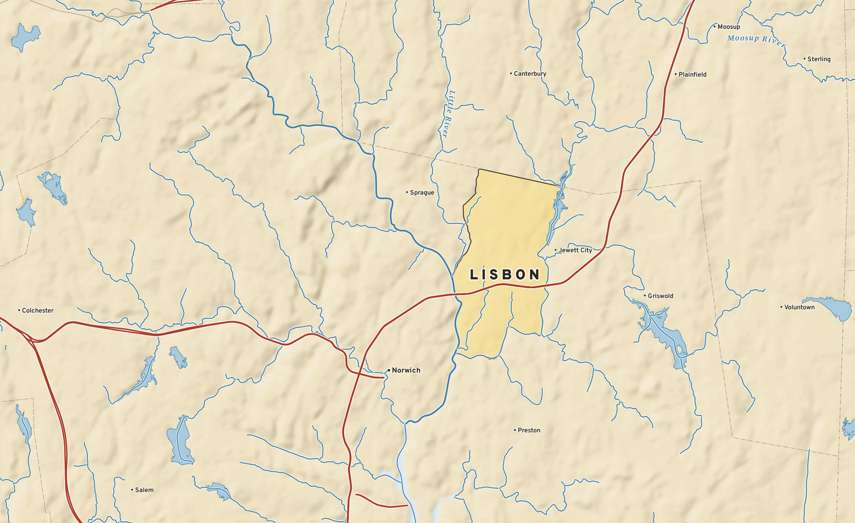 Shaded-relief atlas plate of Lisbon, Connecticut: rivers, roads, the city limits and where the water drains.