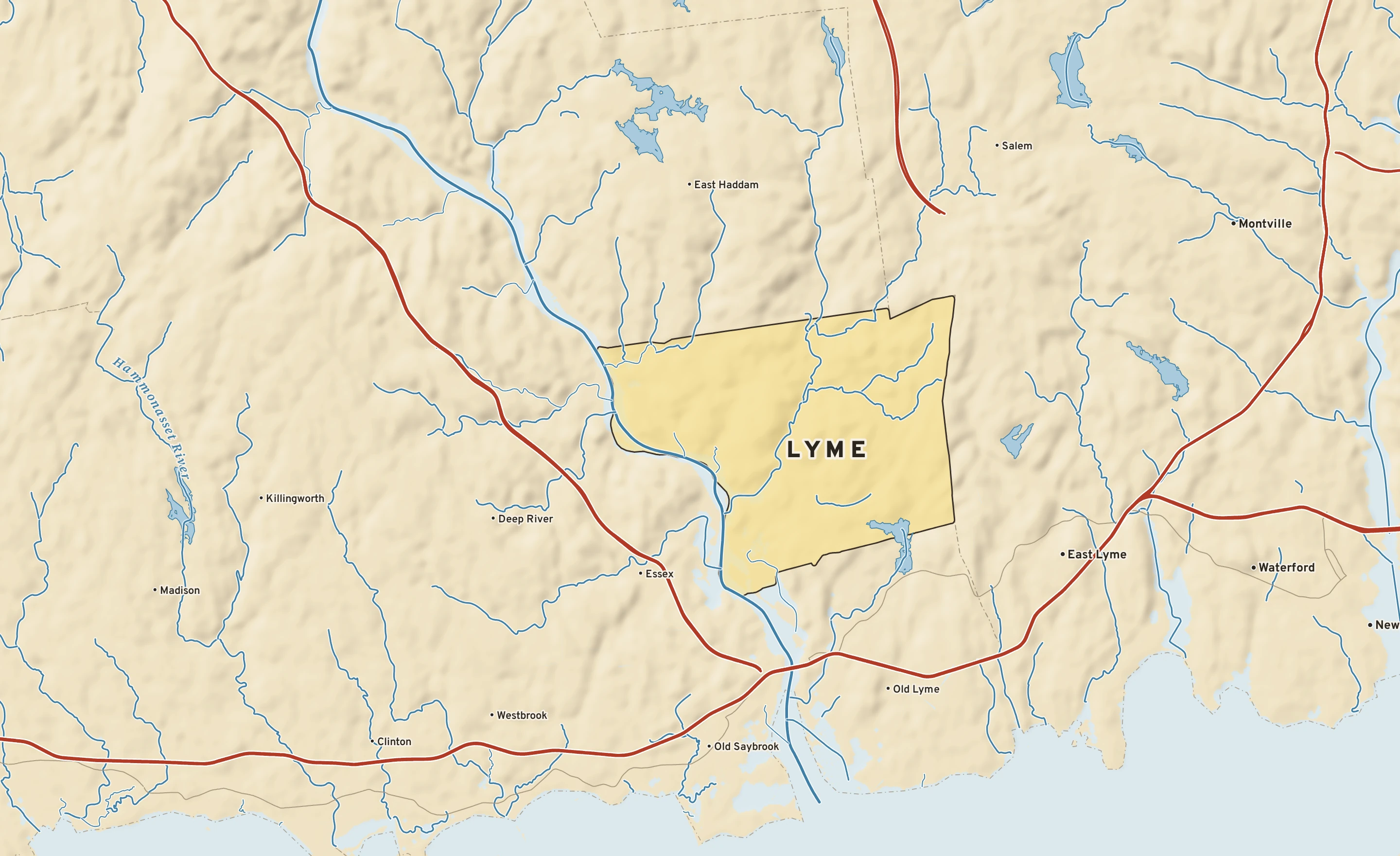 Shaded-relief atlas plate of Lyme, Connecticut: rivers, roads, the city limits and where the water drains.