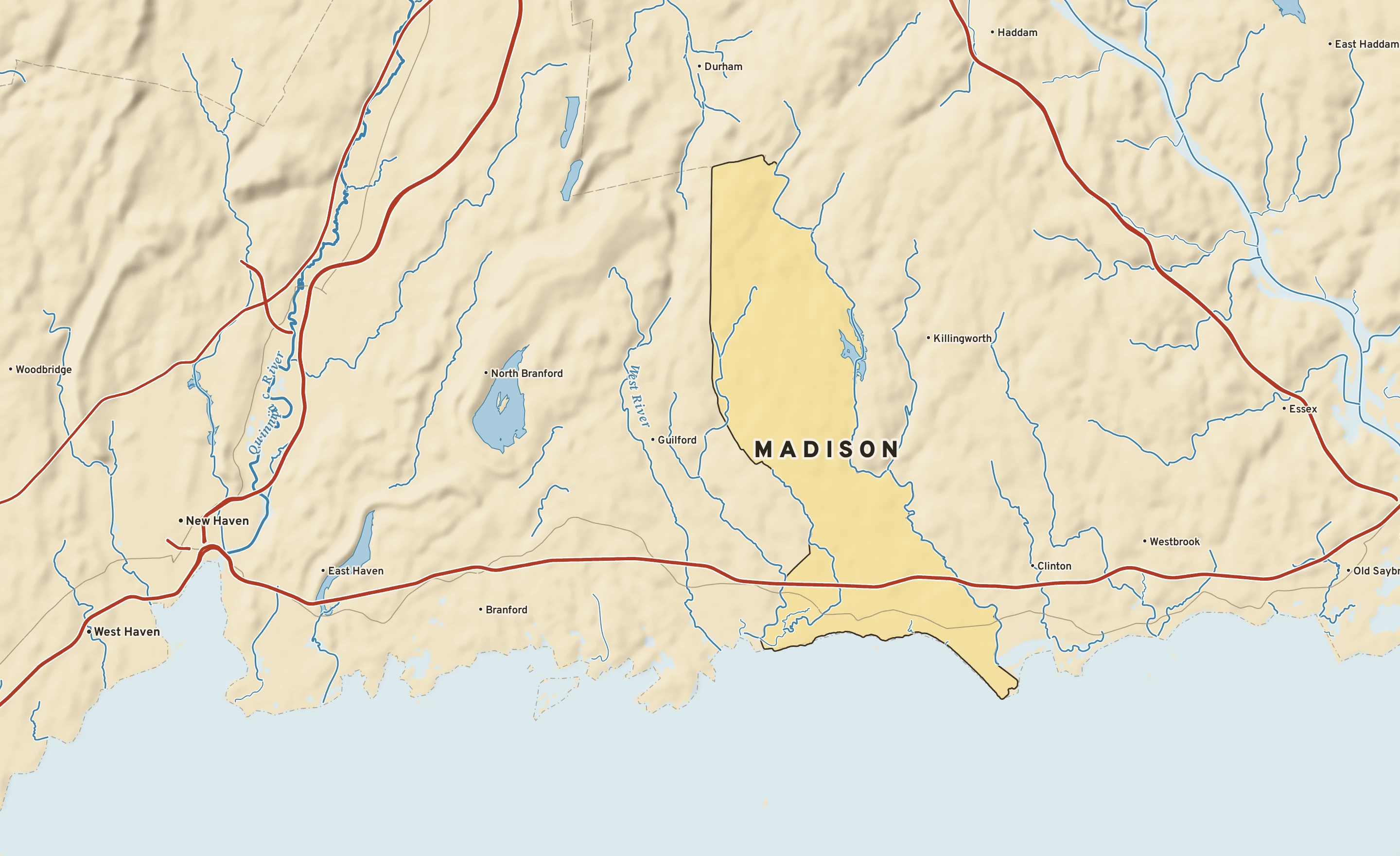 Shaded-relief atlas plate of Madison, Connecticut: rivers, roads, the city limits and where the water drains.