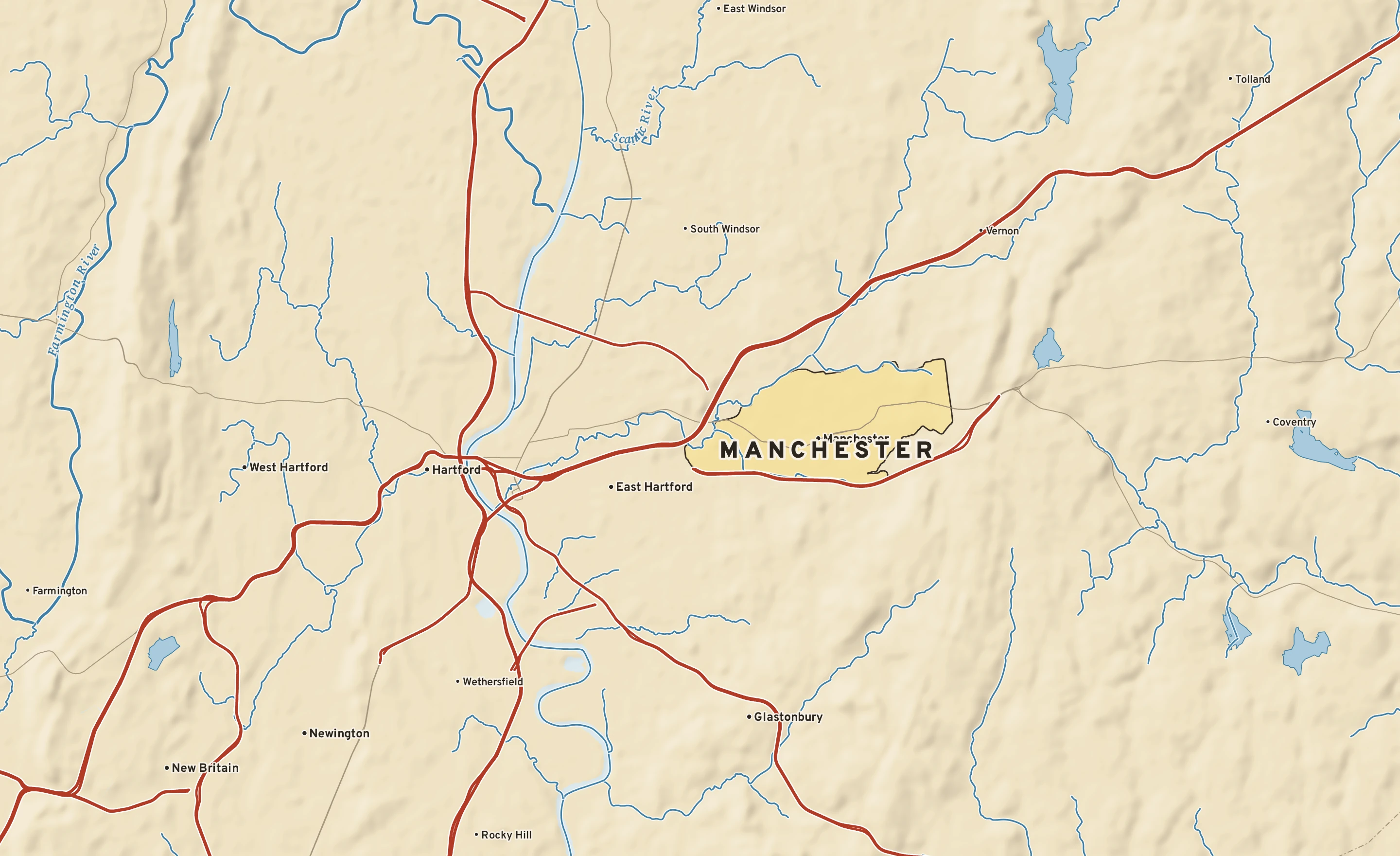 Shaded-relief atlas plate of Manchester, Connecticut: rivers, roads, the city limits and where the water drains.