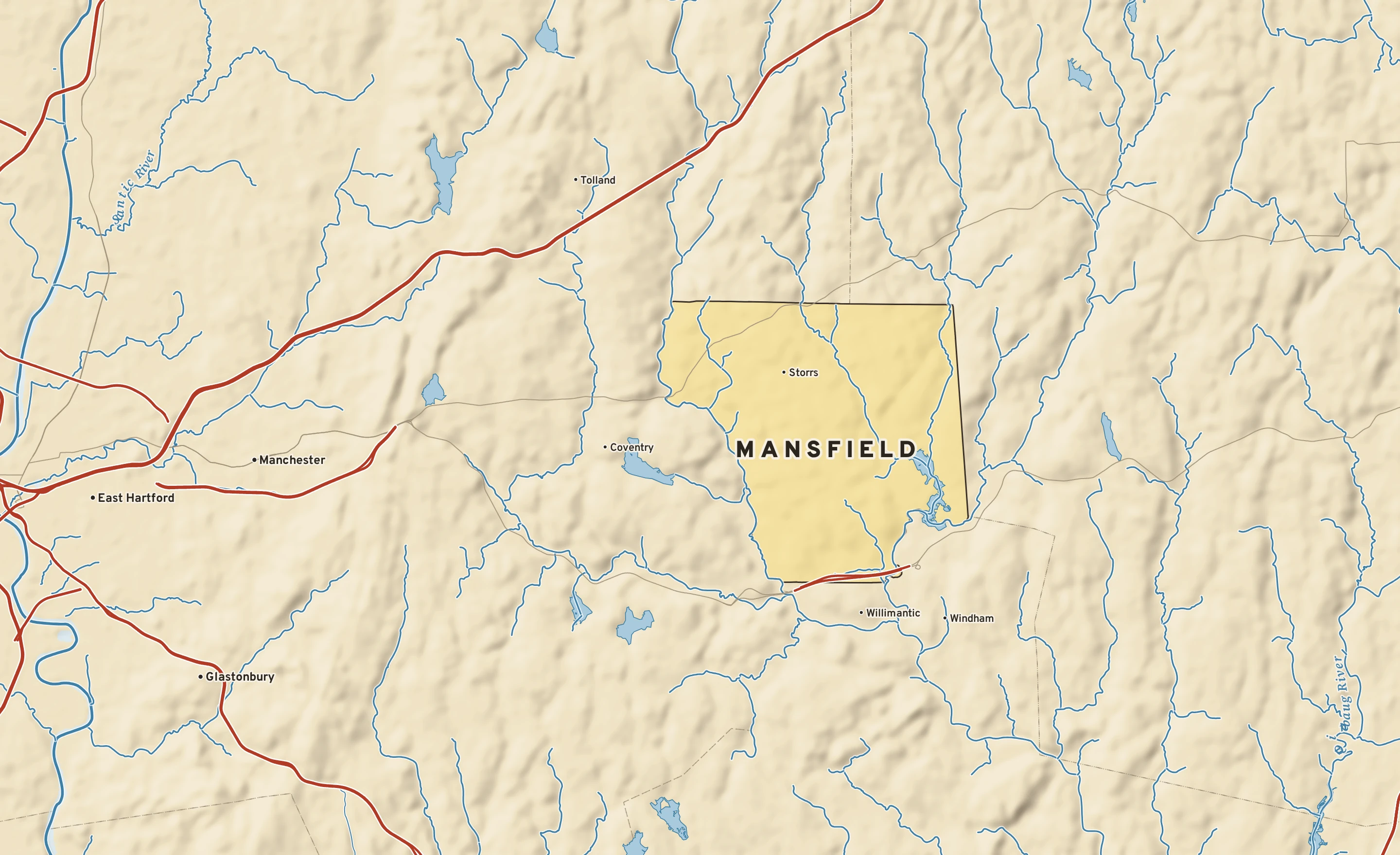 Shaded-relief atlas plate of Mansfield, Connecticut: rivers, roads, the city limits and where the water drains.