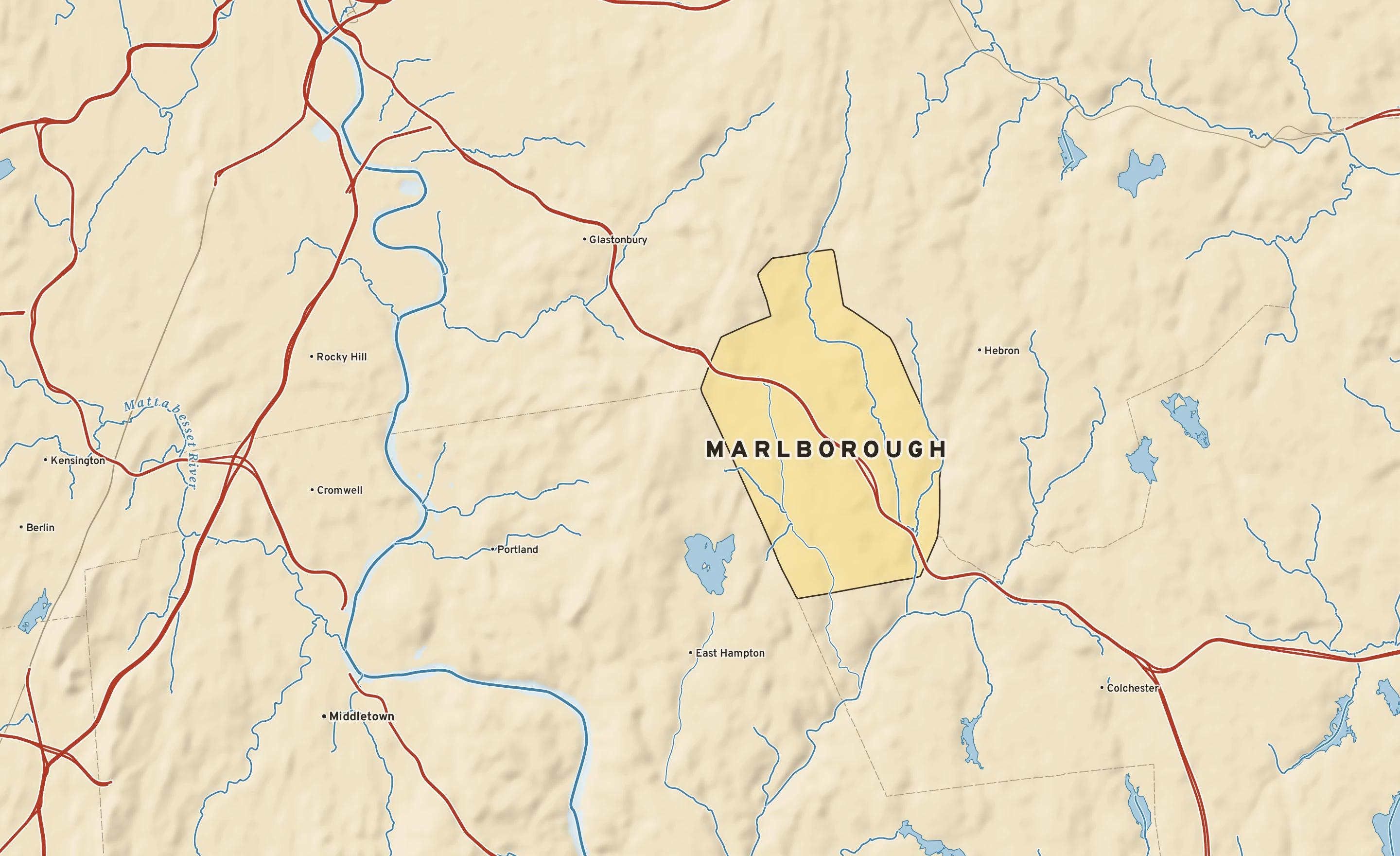 Shaded-relief atlas plate of Marlborough, Connecticut: rivers, roads, the city limits and where the water drains.