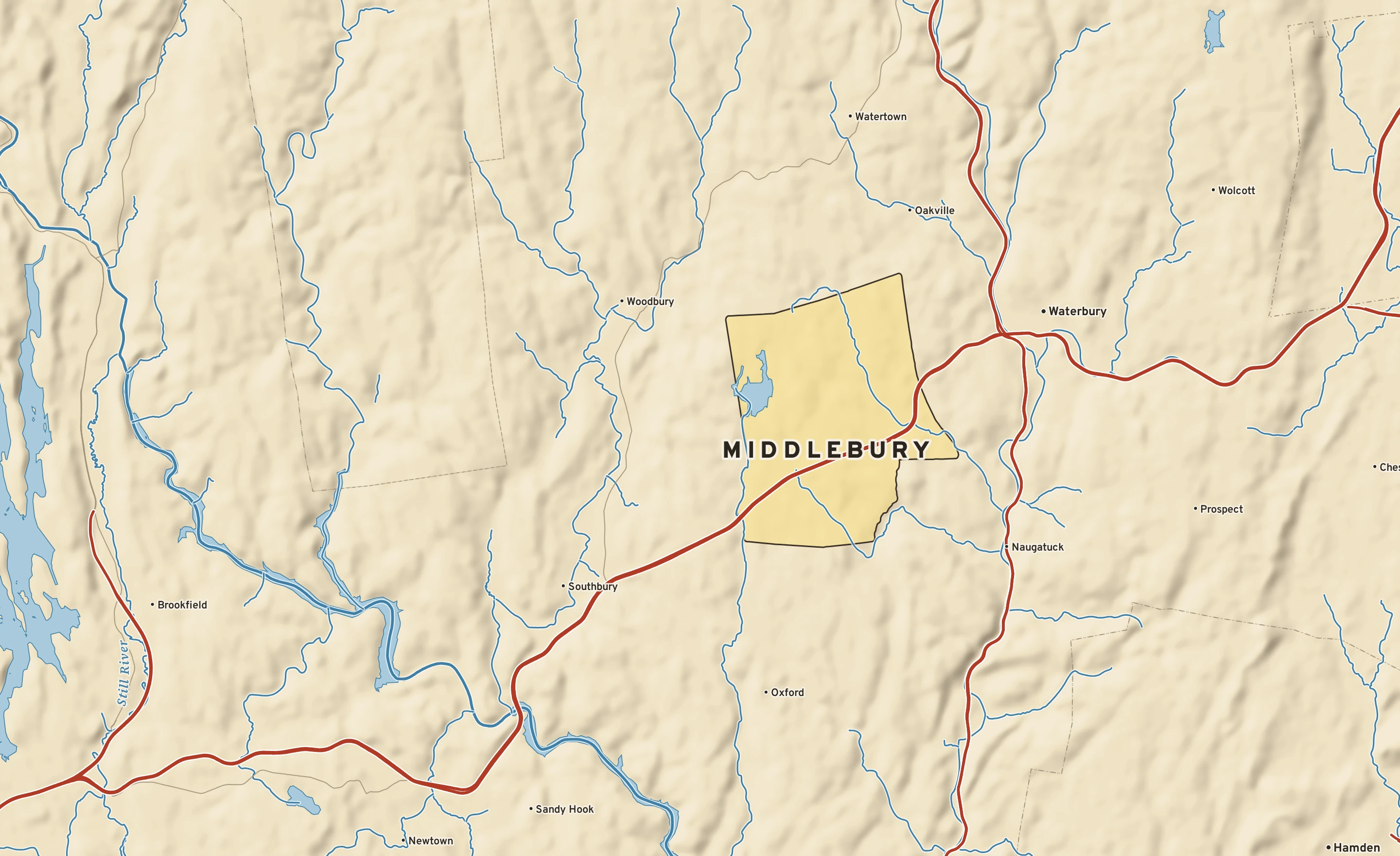 Shaded-relief atlas plate of Middlebury, Connecticut: rivers, roads, the city limits and where the water drains.