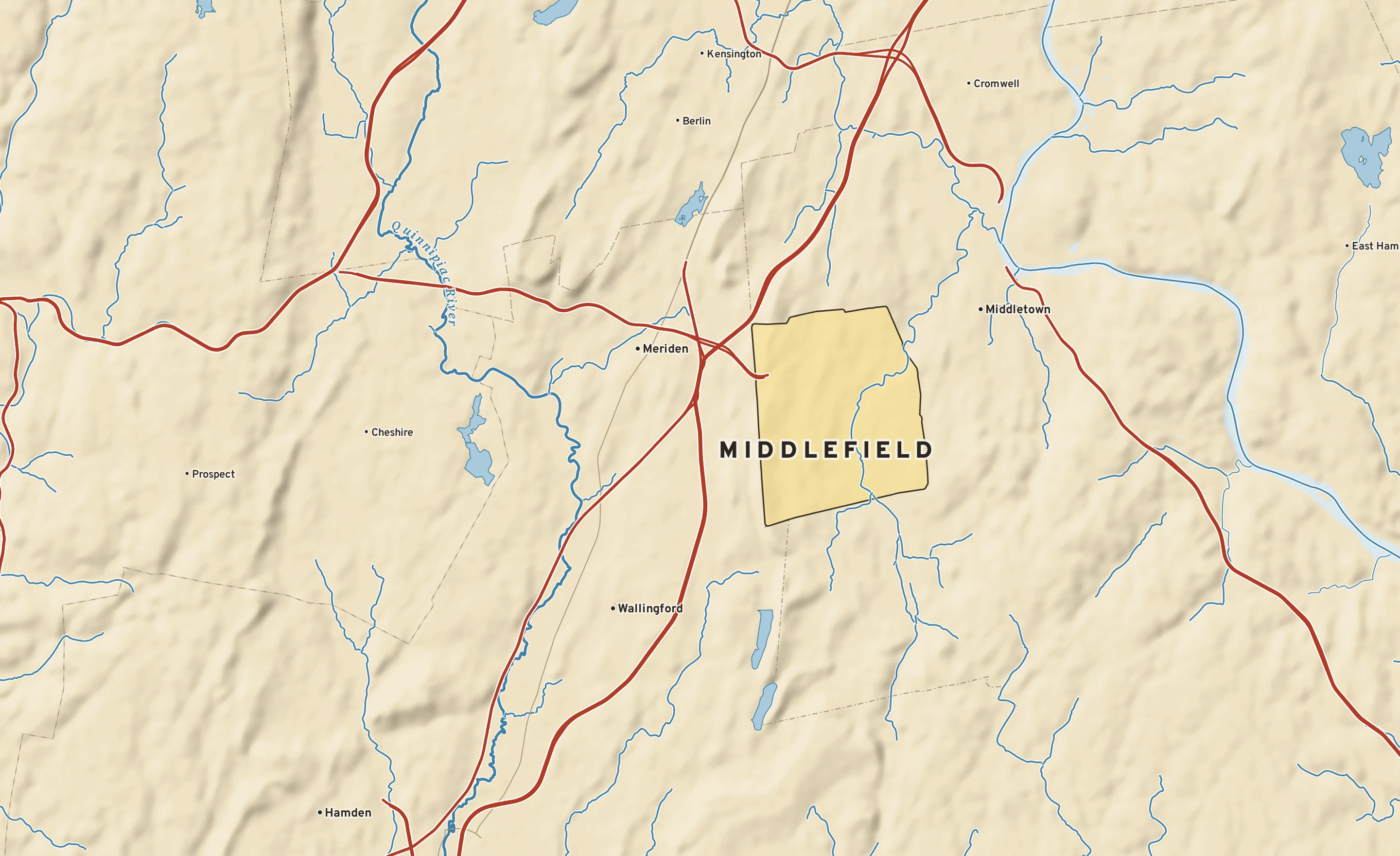 Shaded-relief atlas plate of Middlefield, Connecticut: rivers, roads, the city limits and where the water drains.