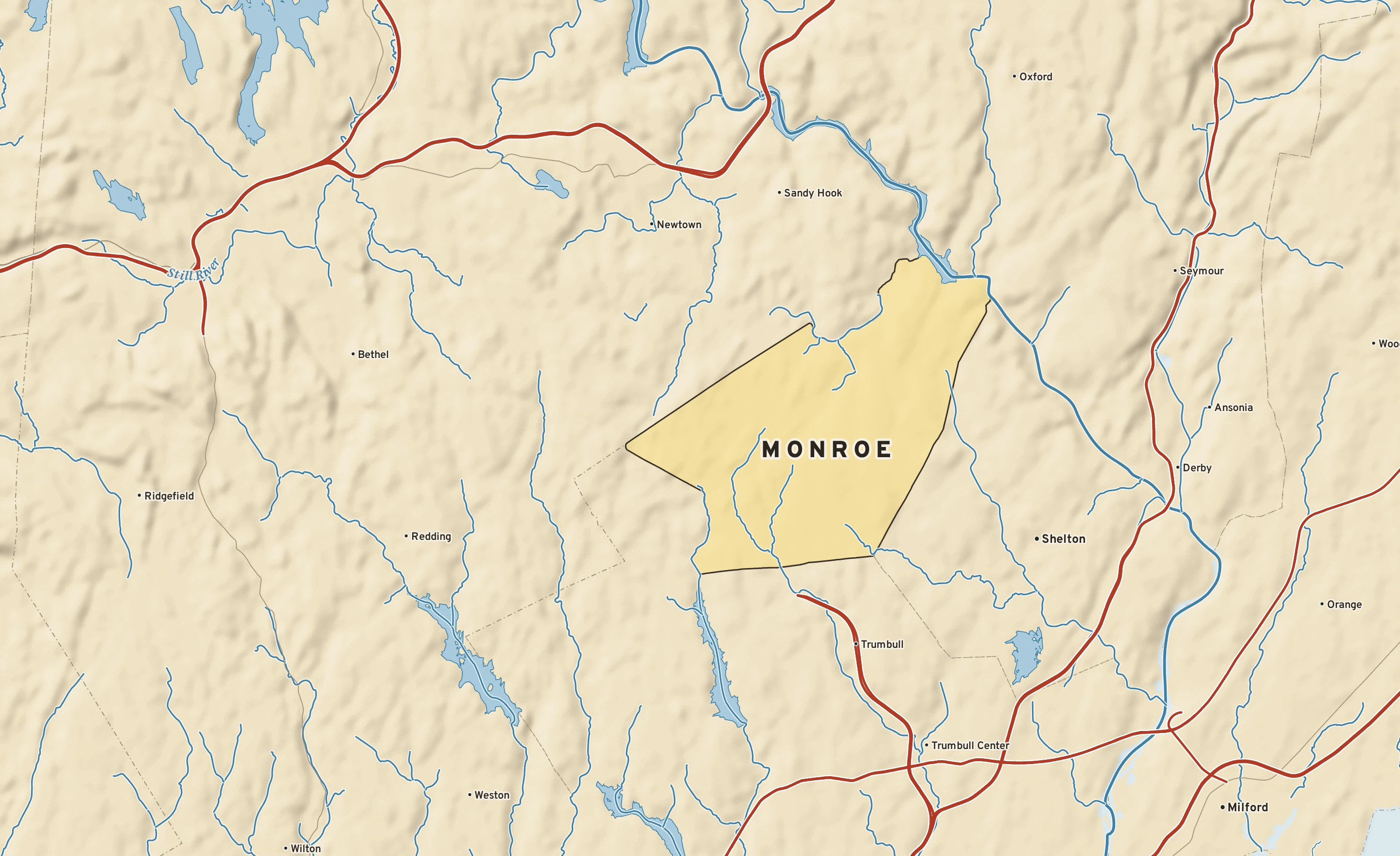 Shaded-relief atlas plate of Monroe, Connecticut: rivers, roads, the city limits and where the water drains.