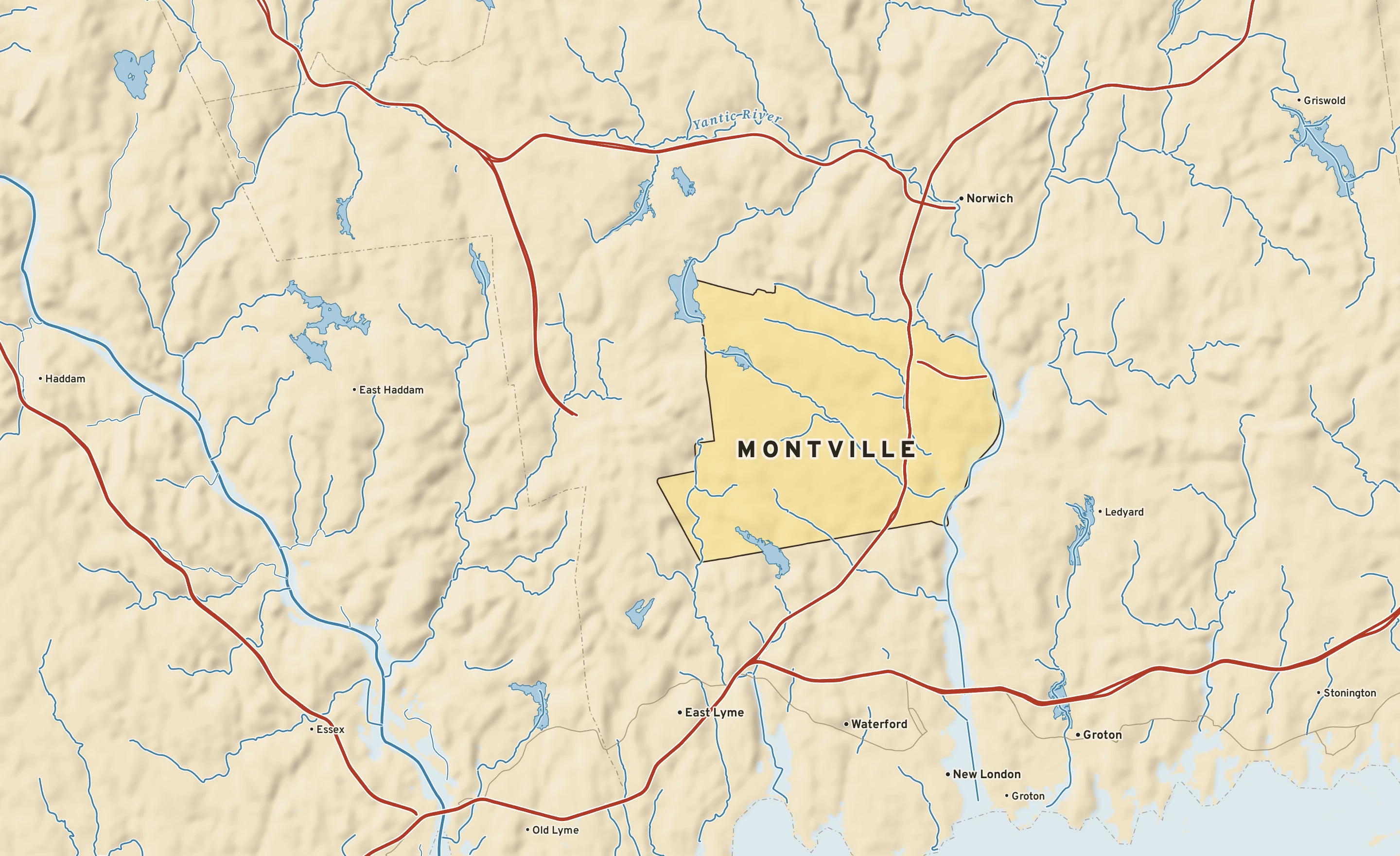 Shaded-relief atlas plate of Montville, Connecticut: rivers, roads, the city limits and where the water drains.