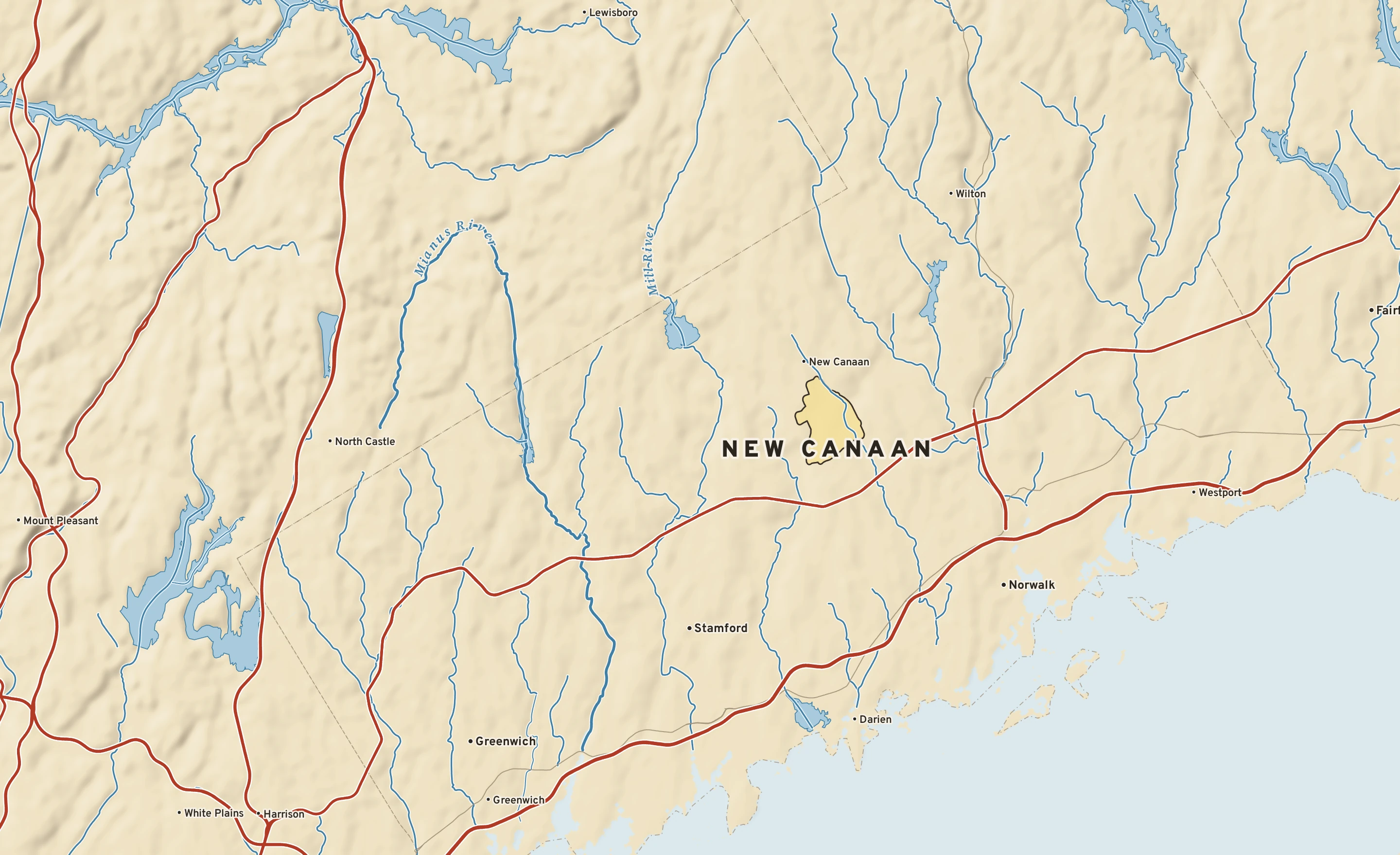 Shaded-relief atlas plate of New Canaan, Connecticut: rivers, roads, the city limits and where the water drains.