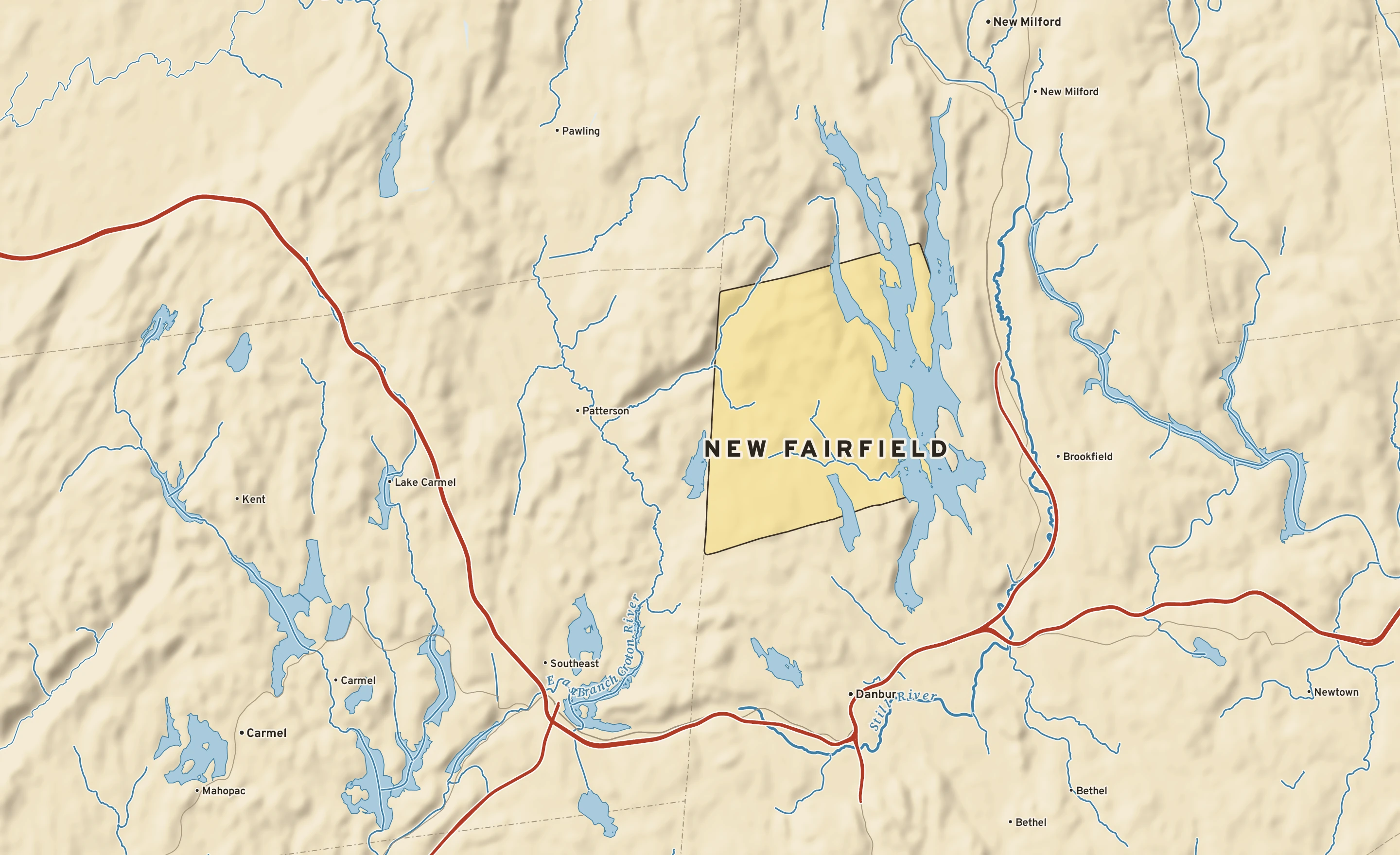 Shaded-relief atlas plate of New Fairfield, Connecticut: rivers, roads, the city limits and where the water drains.