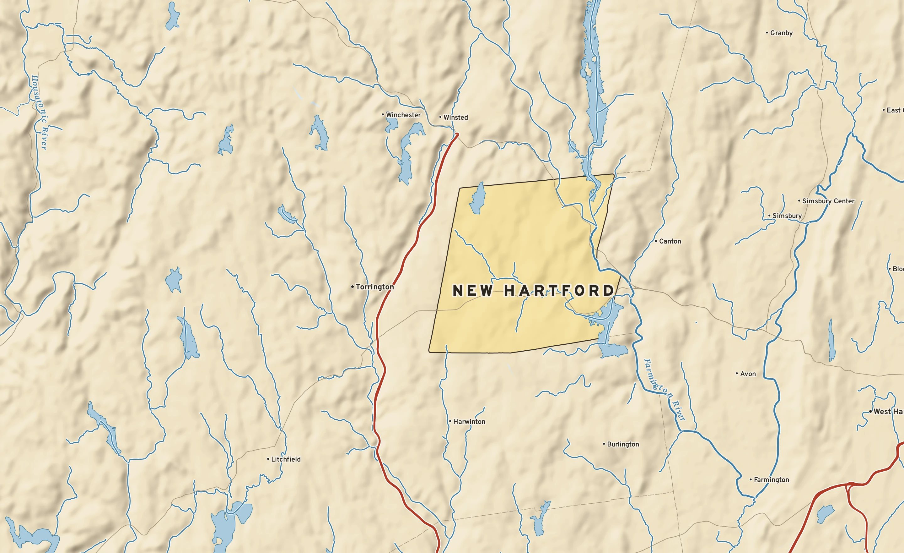 Shaded-relief atlas plate of New Hartford, Connecticut: rivers, roads, the city limits and where the water drains.