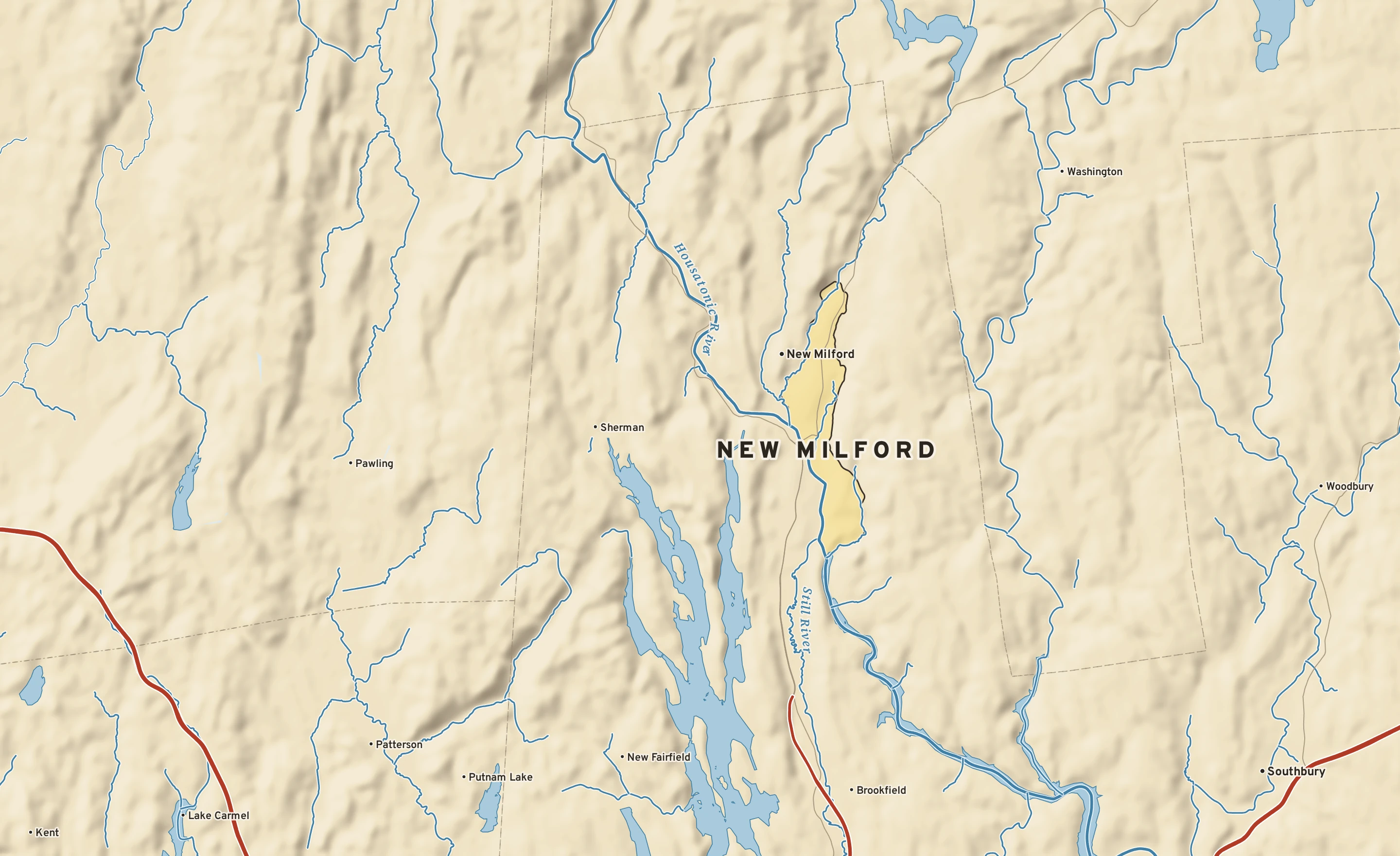Shaded-relief atlas plate of New Milford, Connecticut: rivers, roads, the city limits and where the water drains.