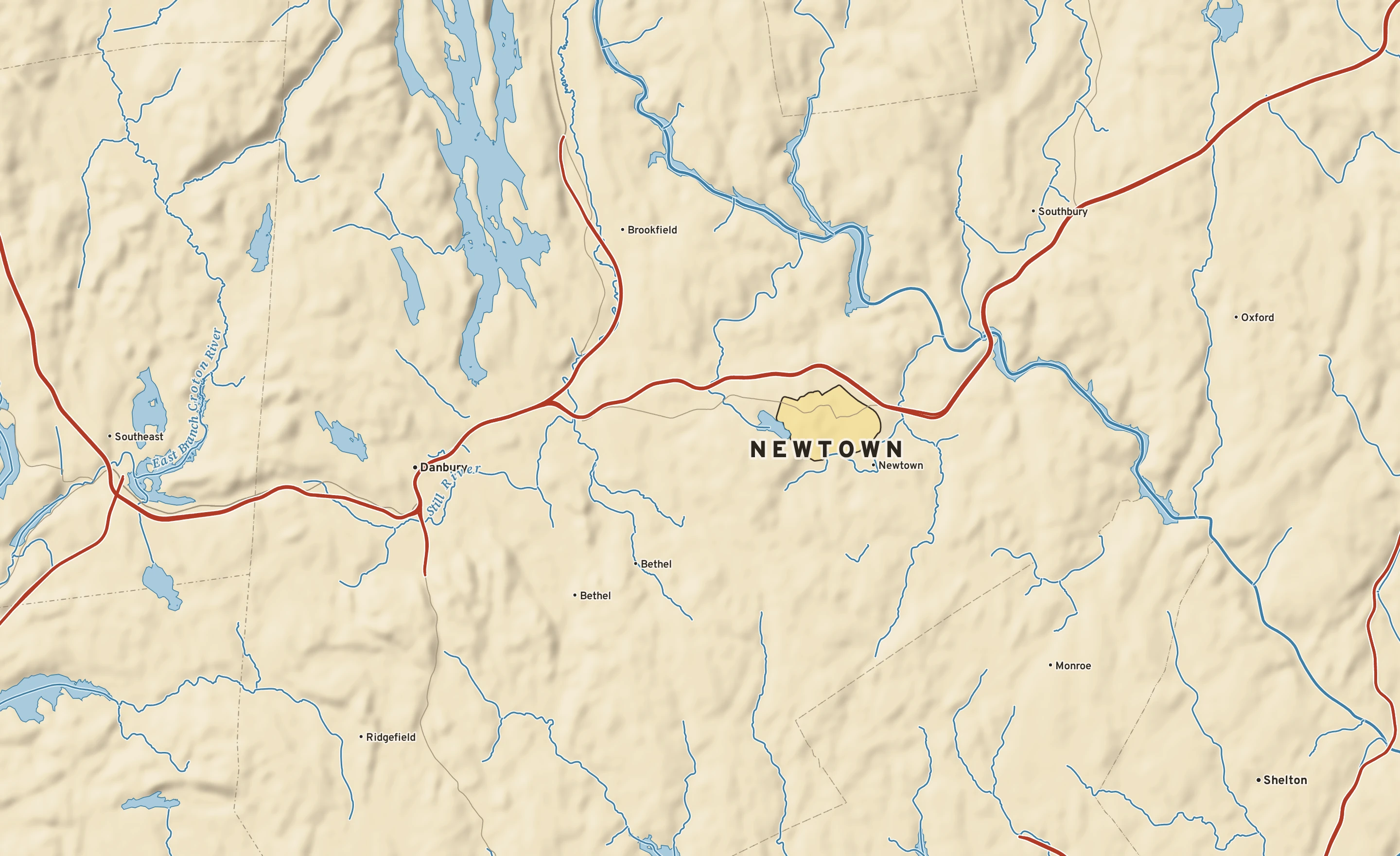 Shaded-relief atlas plate of Newtown, Connecticut: rivers, roads, the city limits and where the water drains.