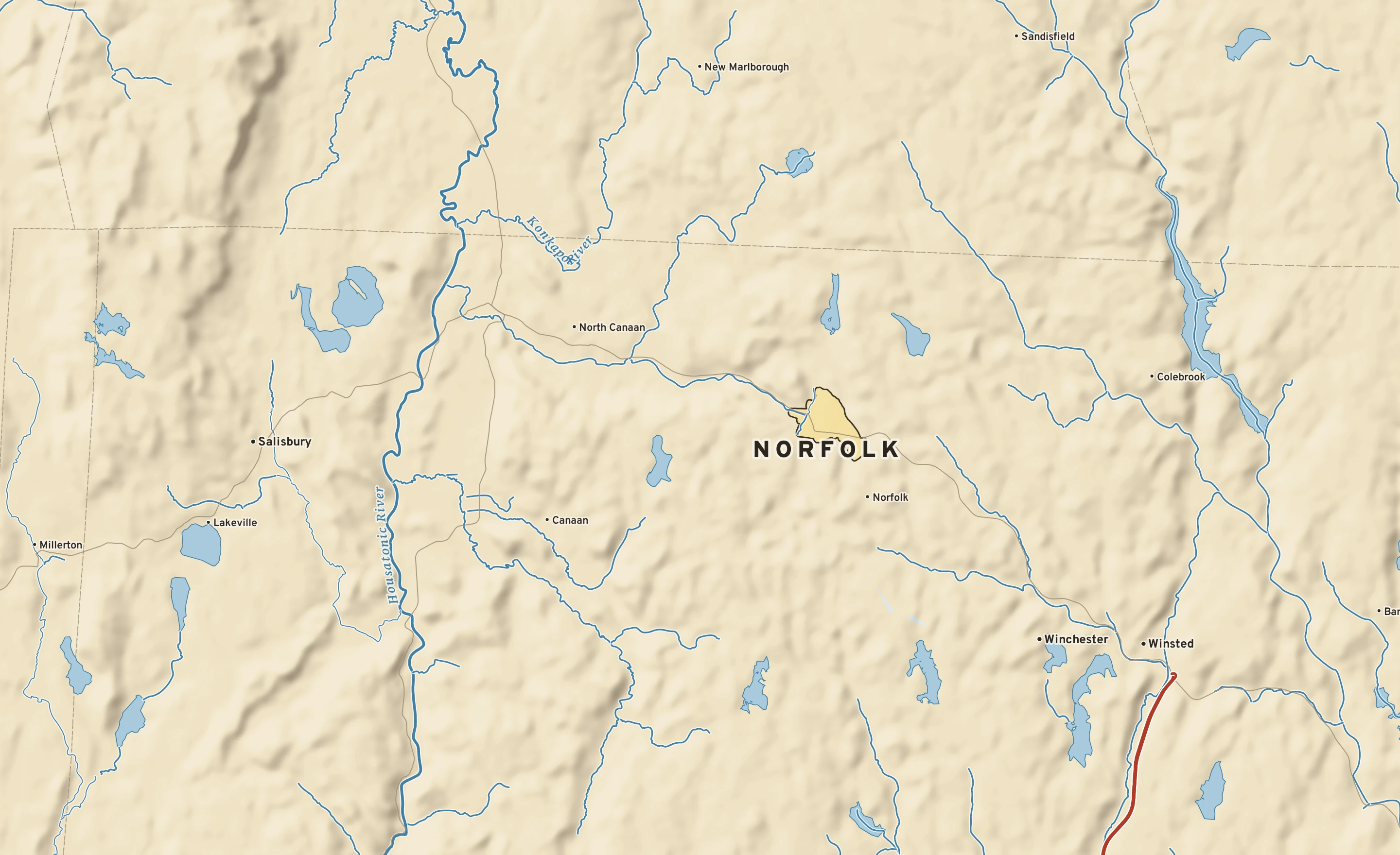 Shaded-relief atlas plate of Norfolk, Connecticut: rivers, roads, the city limits and where the water drains.