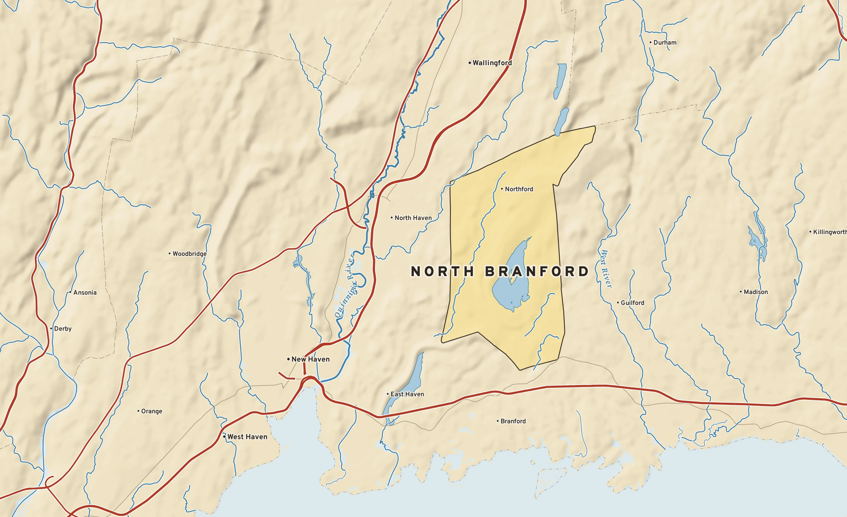 Shaded-relief atlas plate of North Branford, Connecticut: rivers, roads, the city limits and where the water drains.