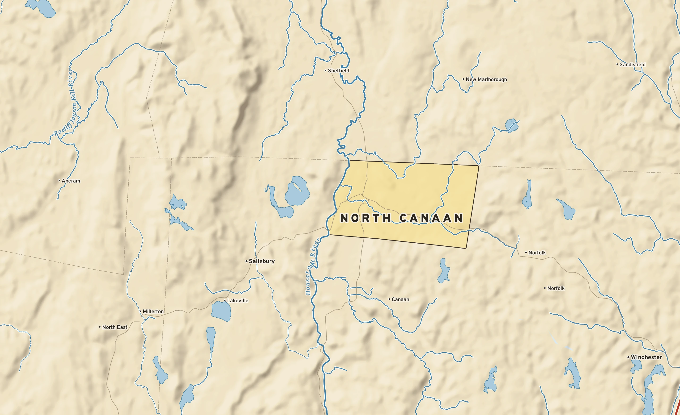 Shaded-relief atlas plate of North Canaan, Connecticut: rivers, roads, the city limits and where the water drains.