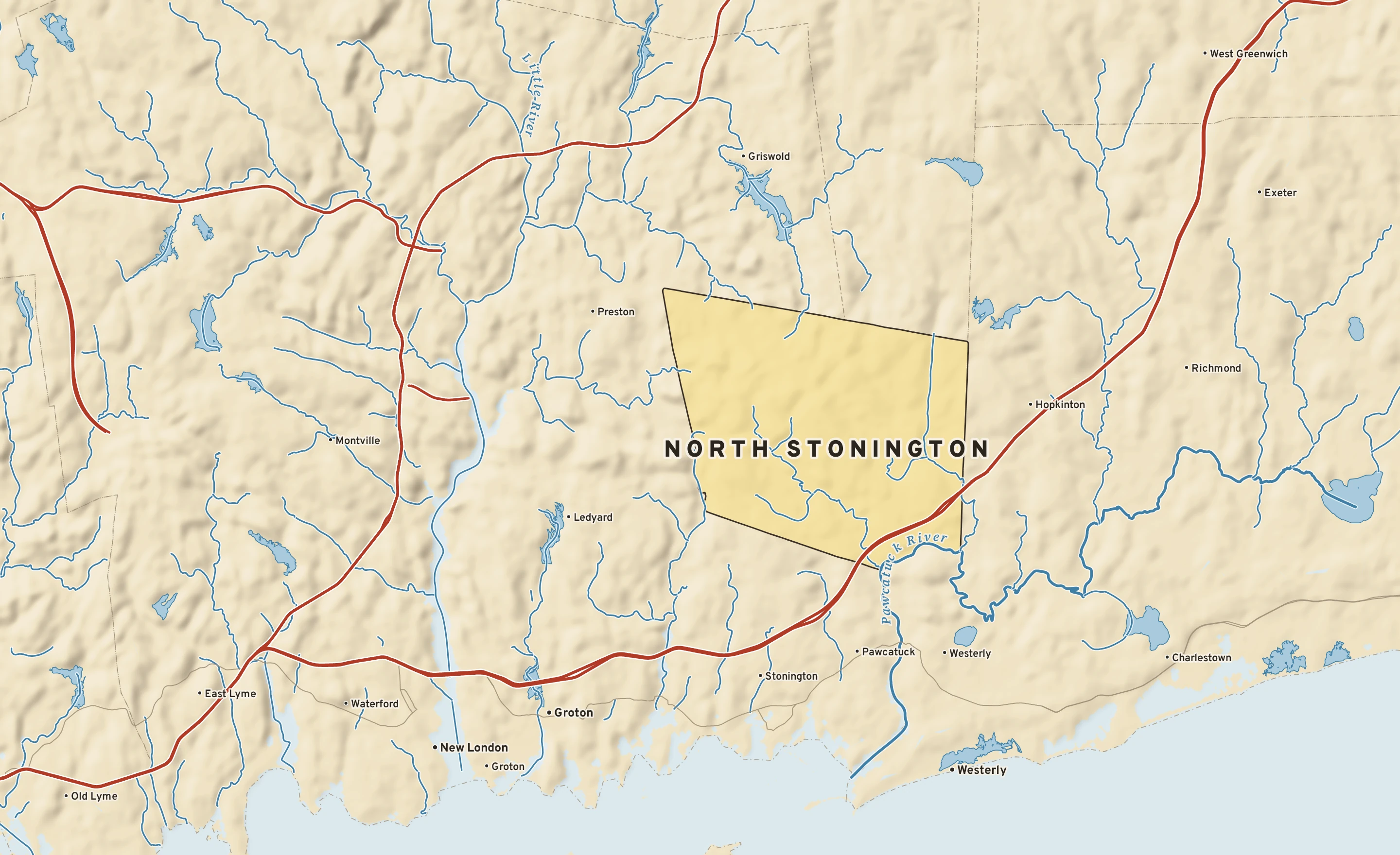 Shaded-relief atlas plate of North Stonington, Connecticut: rivers, roads, the city limits and where the water drains.