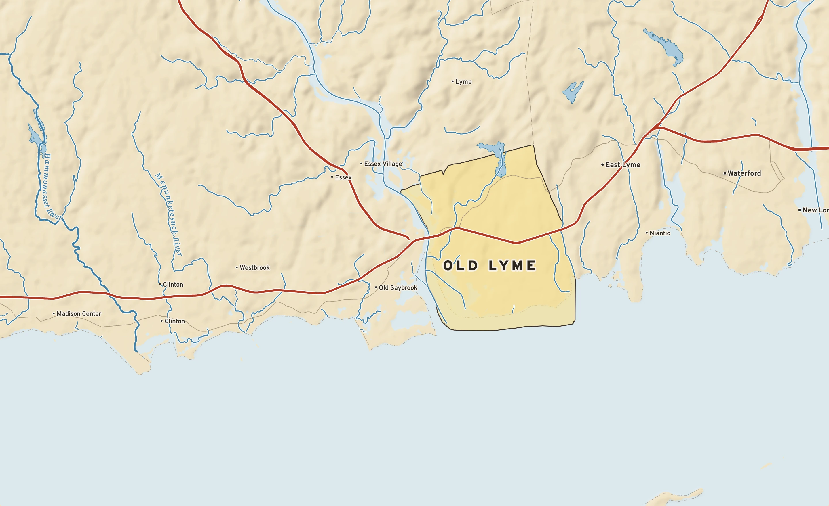Shaded-relief atlas plate of Old Lyme, Connecticut: rivers, roads, the city limits and where the water drains.