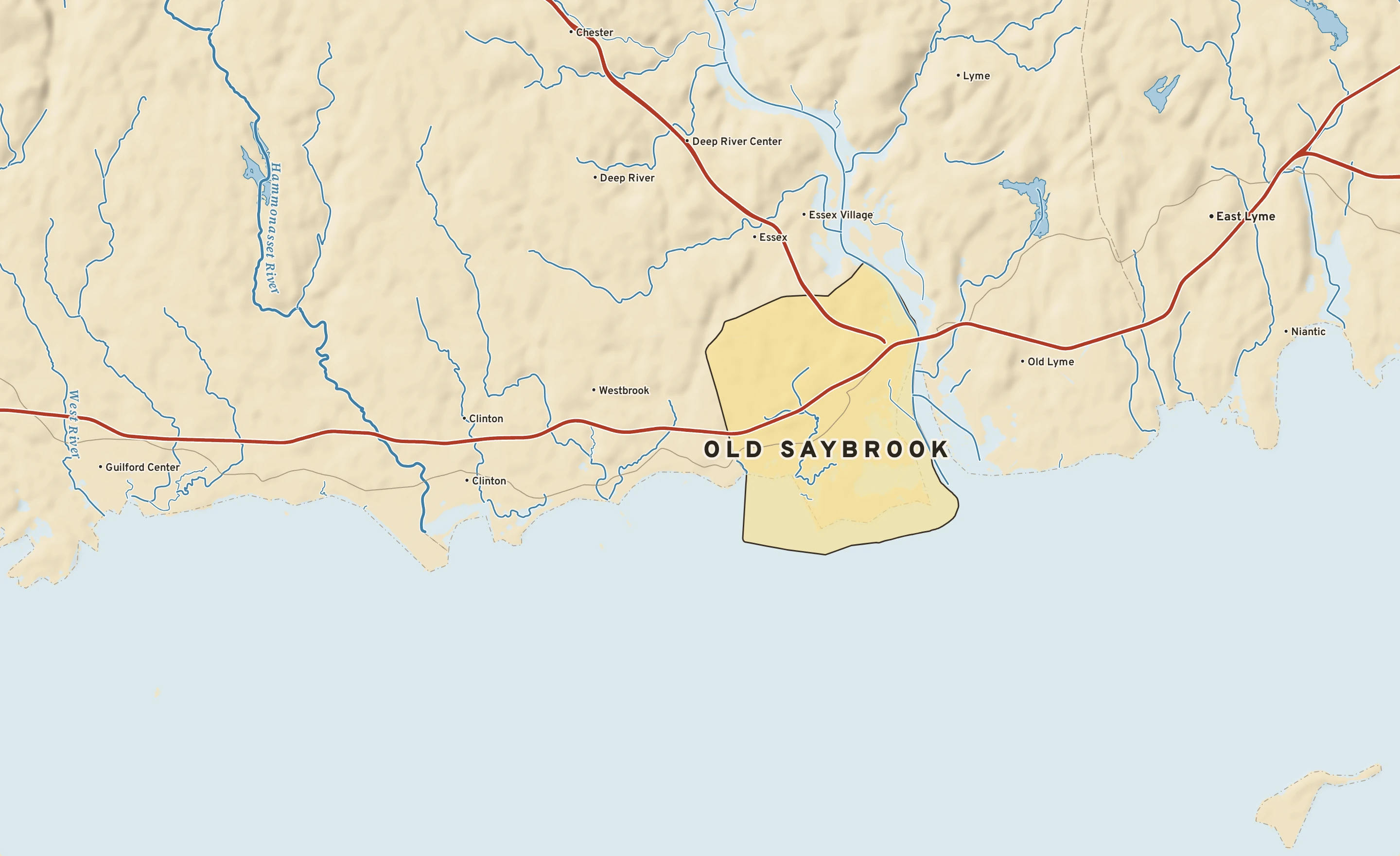 Shaded-relief atlas plate of Old Saybrook, Connecticut: rivers, roads, the city limits and where the water drains.