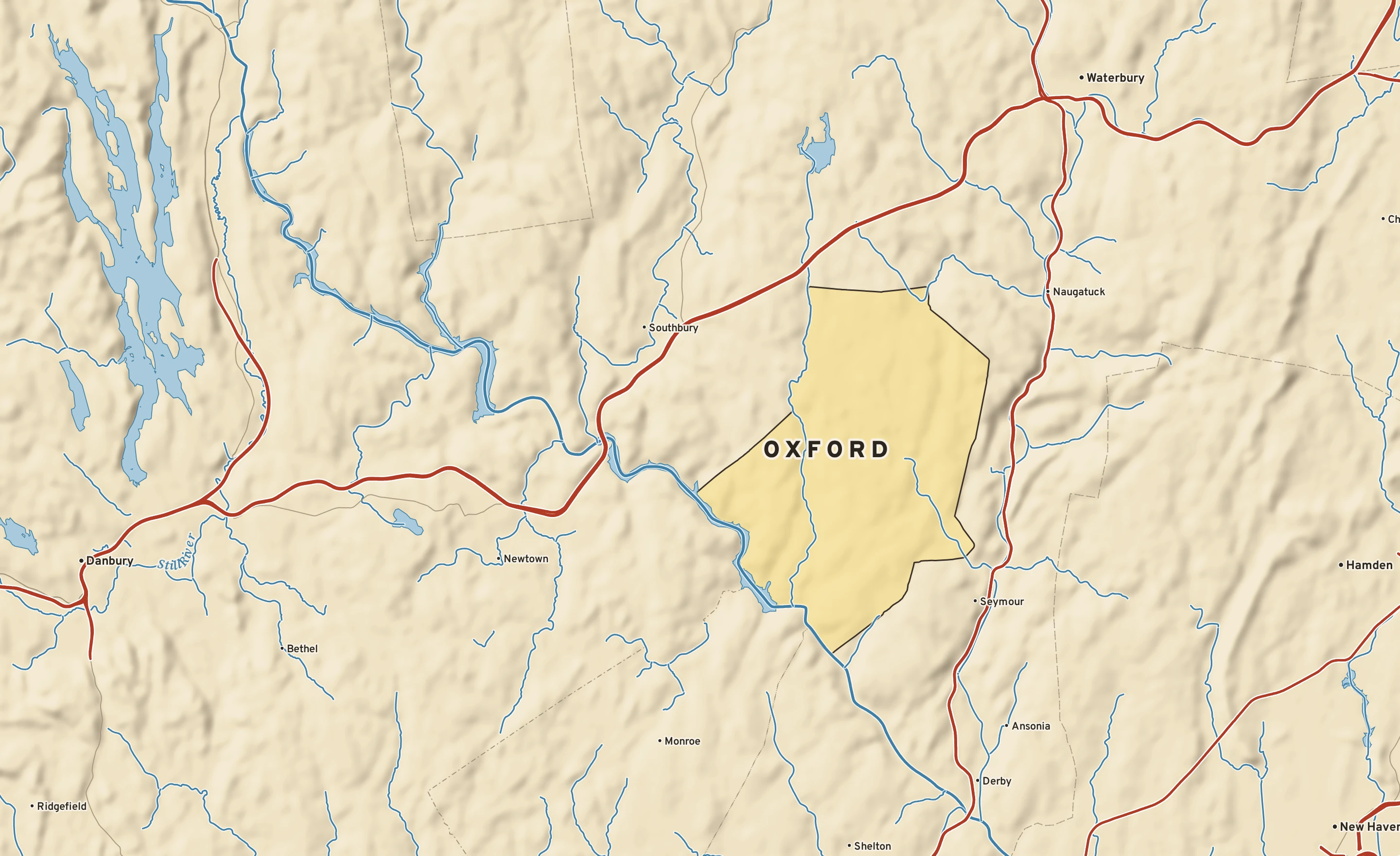 Shaded-relief atlas plate of Oxford, Connecticut: rivers, roads, the city limits and where the water drains.